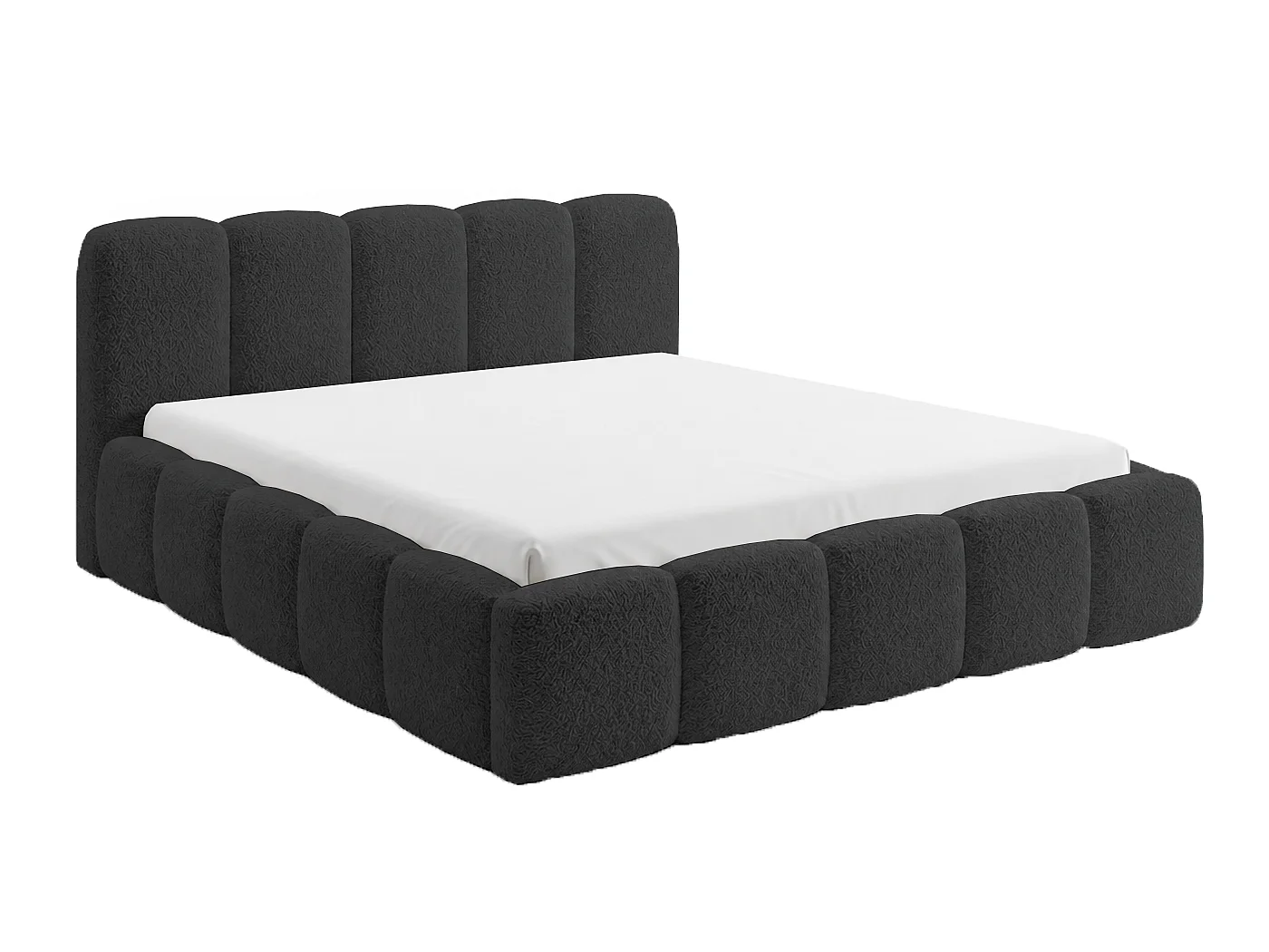 Lit bouclé 160x200 Vorello avec coffre de rangement, sommier en bois, style nuage, noir