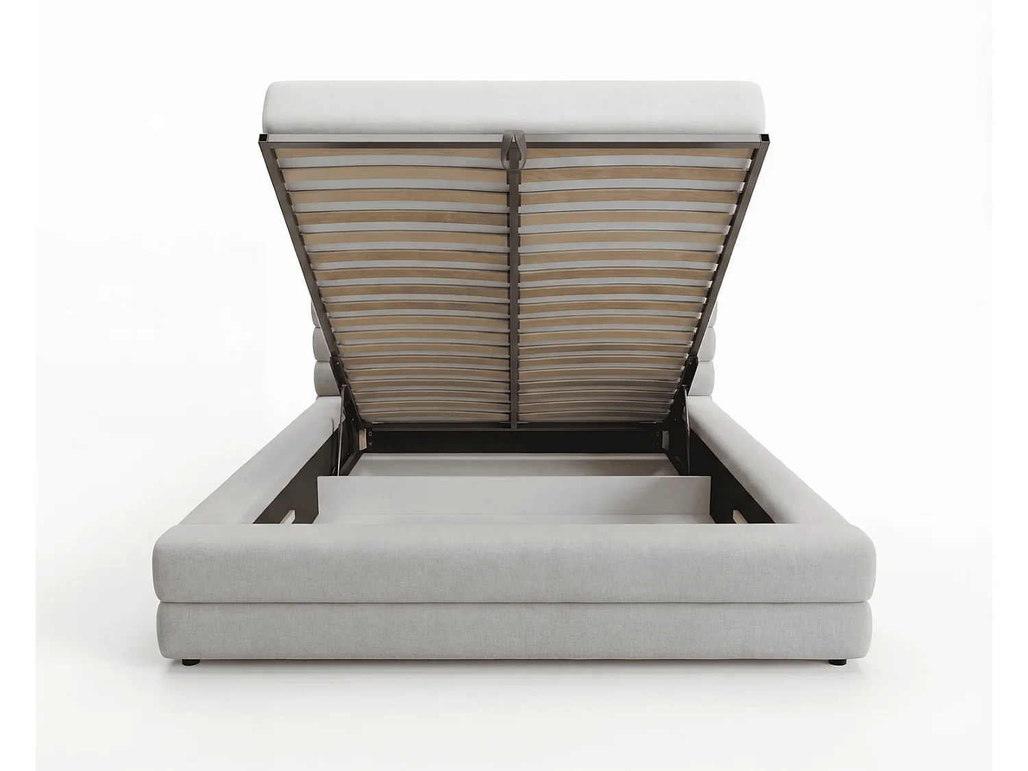 Lit rembourré 160x200 cm Elias avec coffre de rangement, style moderne, sommier métallique, gris clair