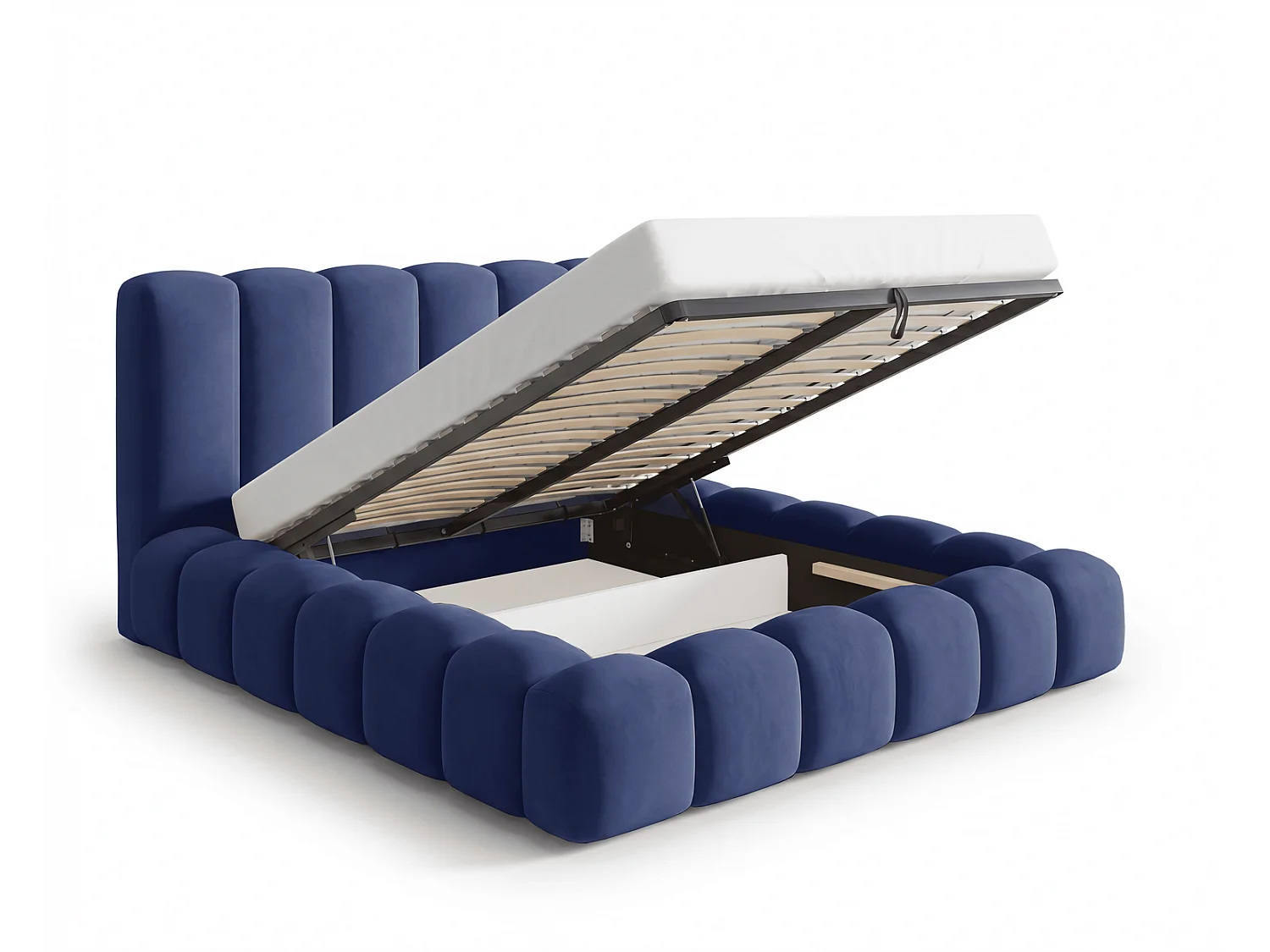 Polsterbett mit Bettkasten 160x200 Selvo - Wolkenbett, dicke Polsterung, Metalllattenrost - Blau