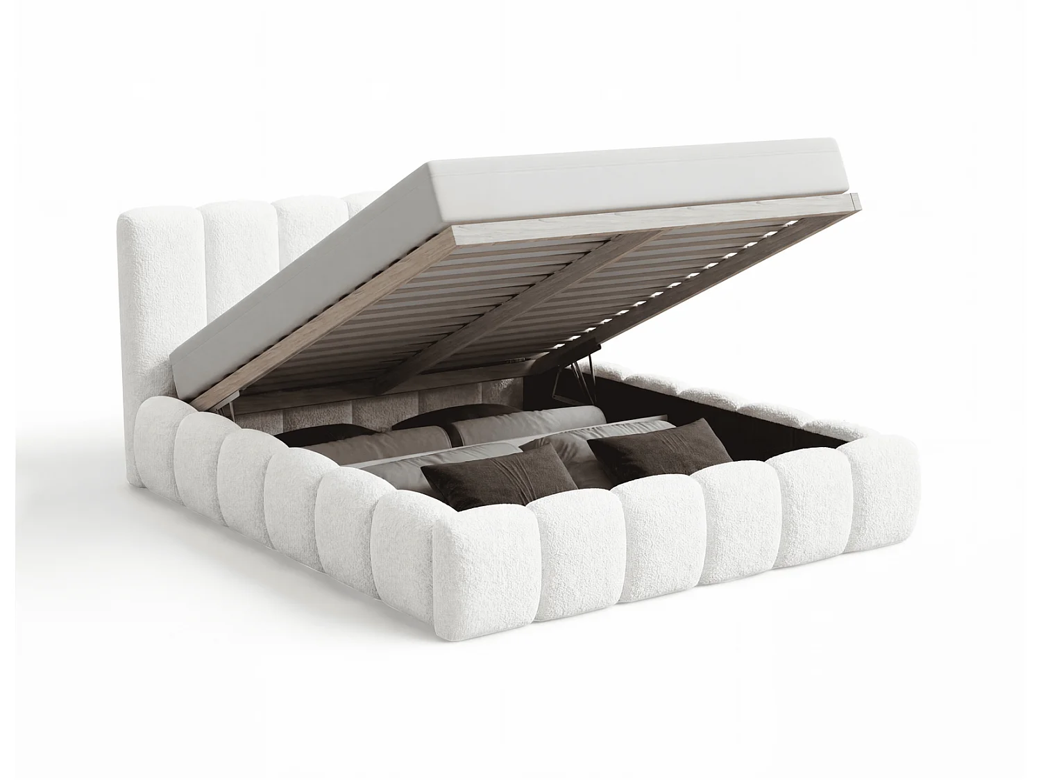 Lit rembourré bouclé 200x200 Aurelis avec coffre de rangement et sommier en bois - lit nuage, crème