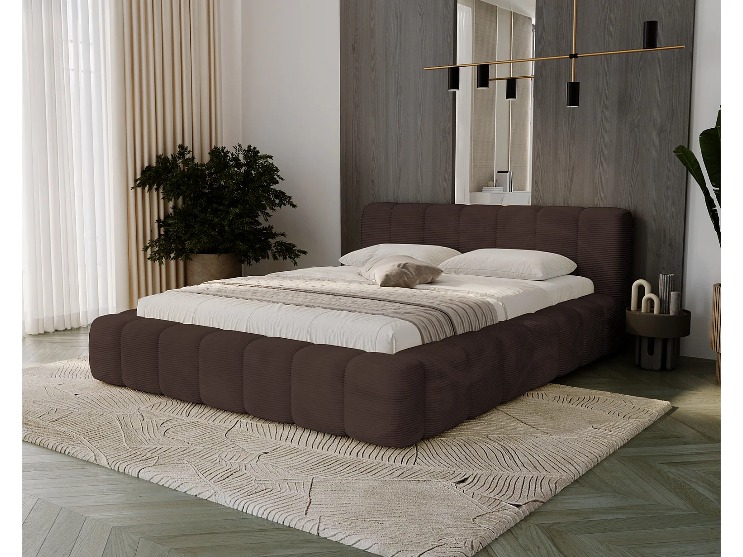 Cord-Doppelbett 160x200 Bolonia - mit Bettkasten und Holzlattenrost, Bett Braun