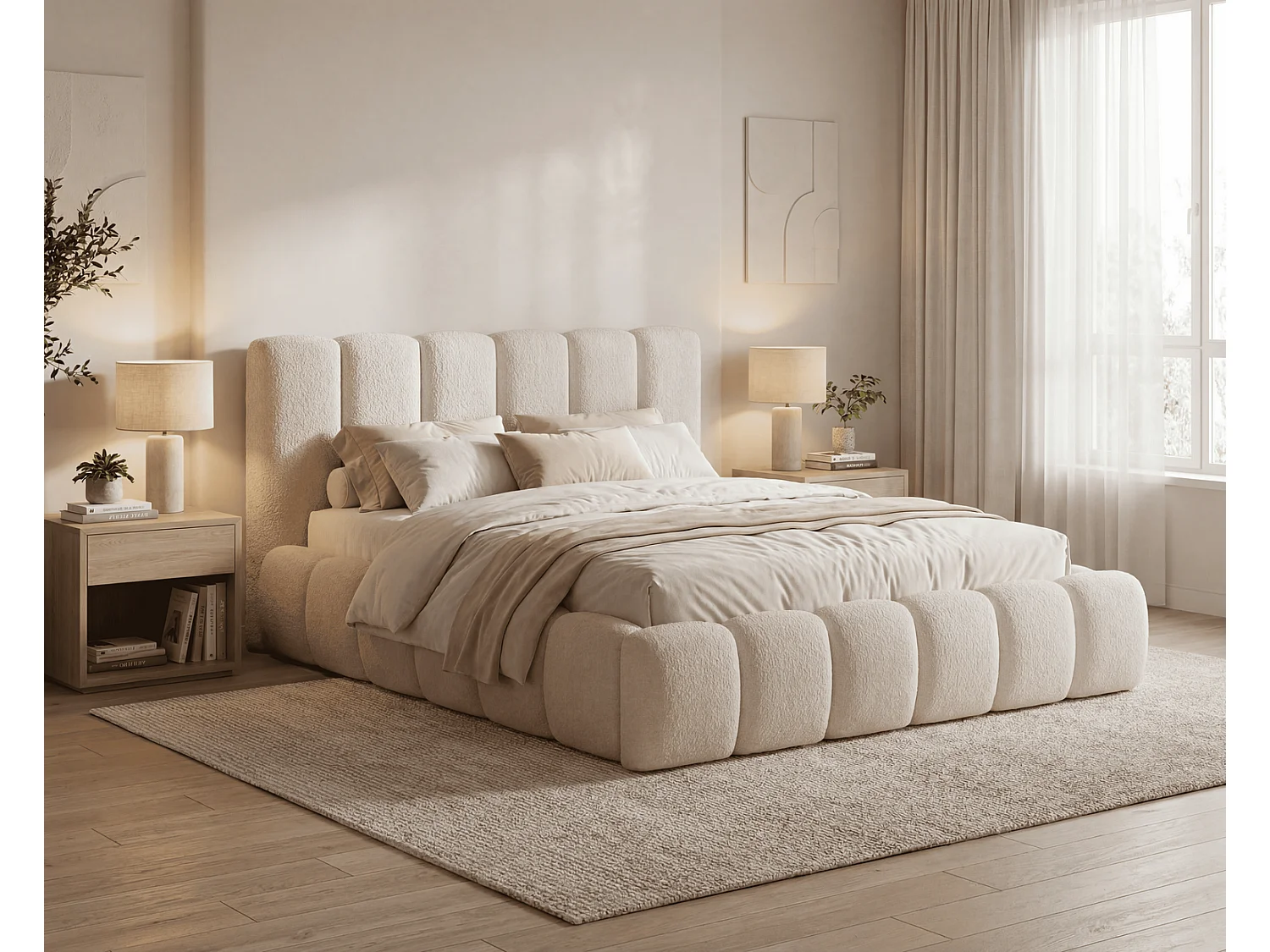 Doppelbett Bouclé 200x200 Aurelis mit Bettkasten und Metalllattenrost - Wolkenbett, Beige