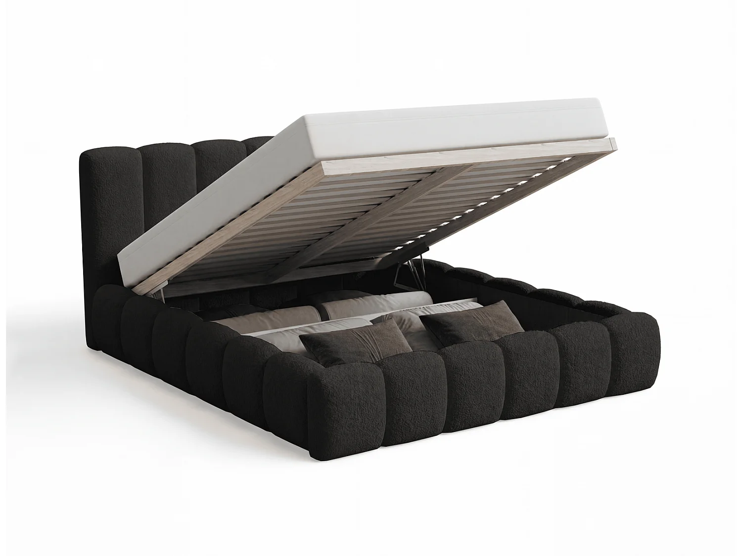 Lit rembourré bouclé 200x200 Aurelis avec coffre de rangement et sommier en bois - lit nuage, noir