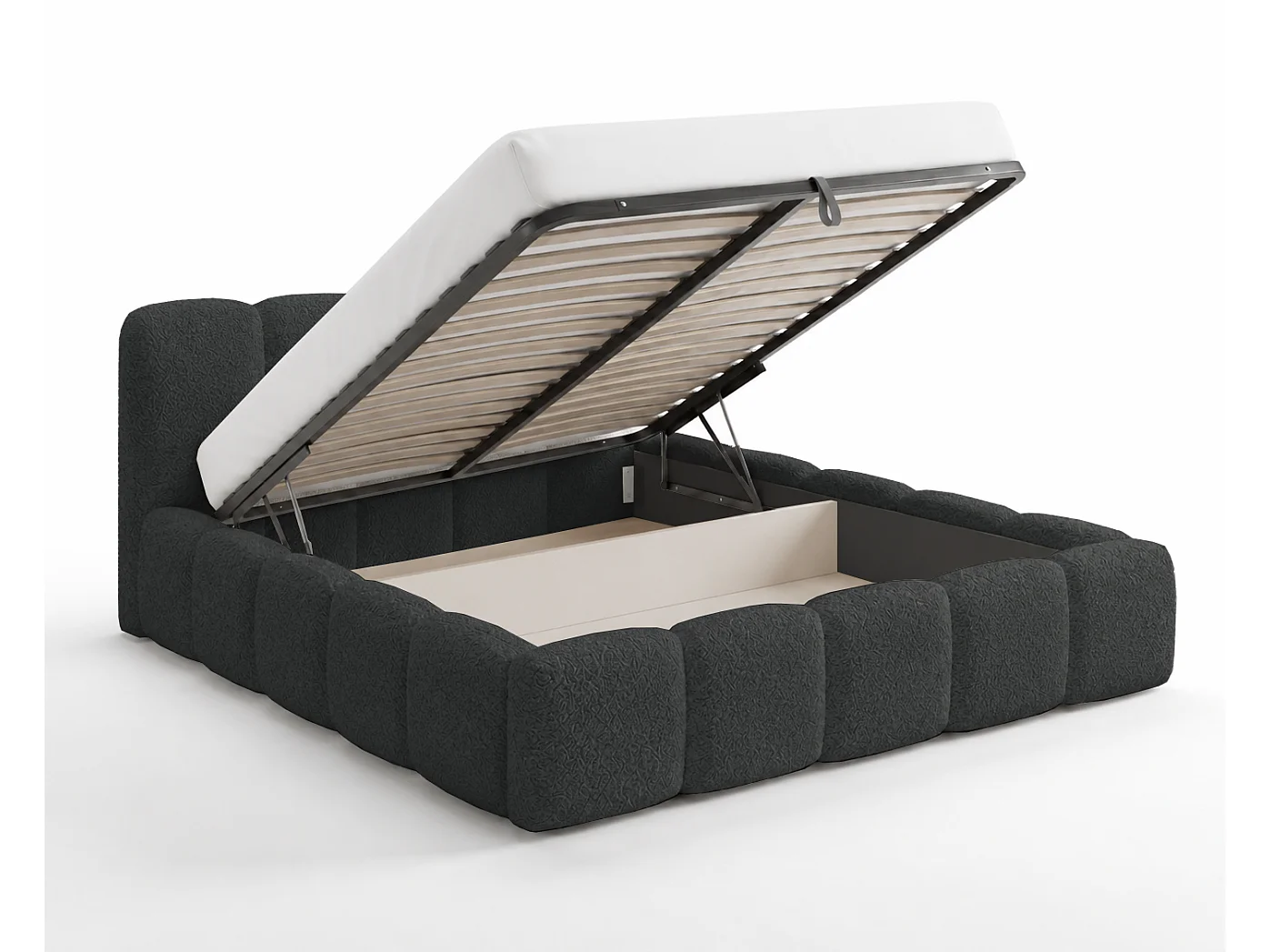 Polsterbett 180x200 Vorello mit Bettkasten, Metalllattenrost, Wolkenbett, Bouclé-Stoff, Schwarz