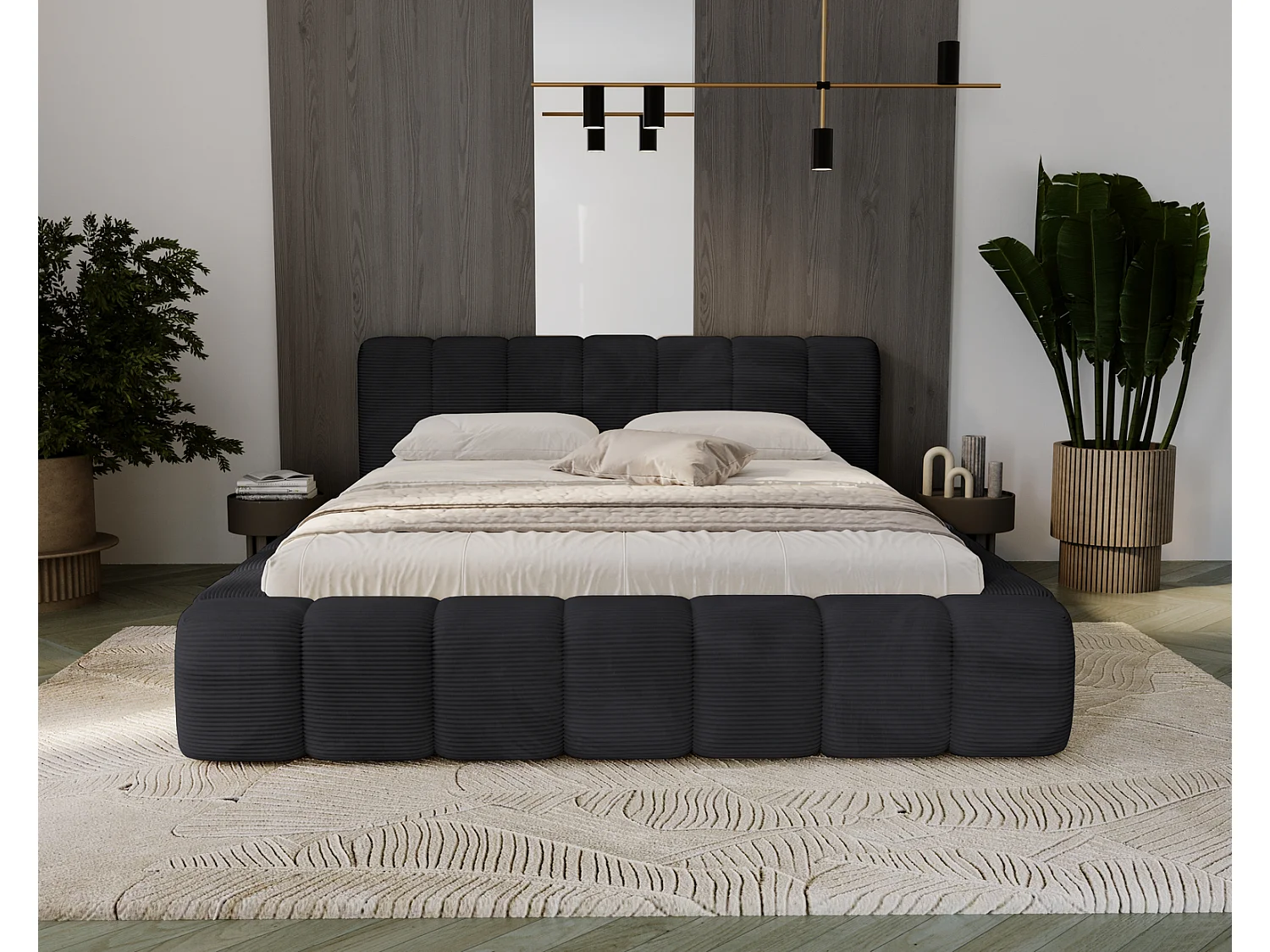 Cord-Doppelbett 180x200 Bolonia - mit Bettkasten und Holzlattenrost, Bett Schwarz
