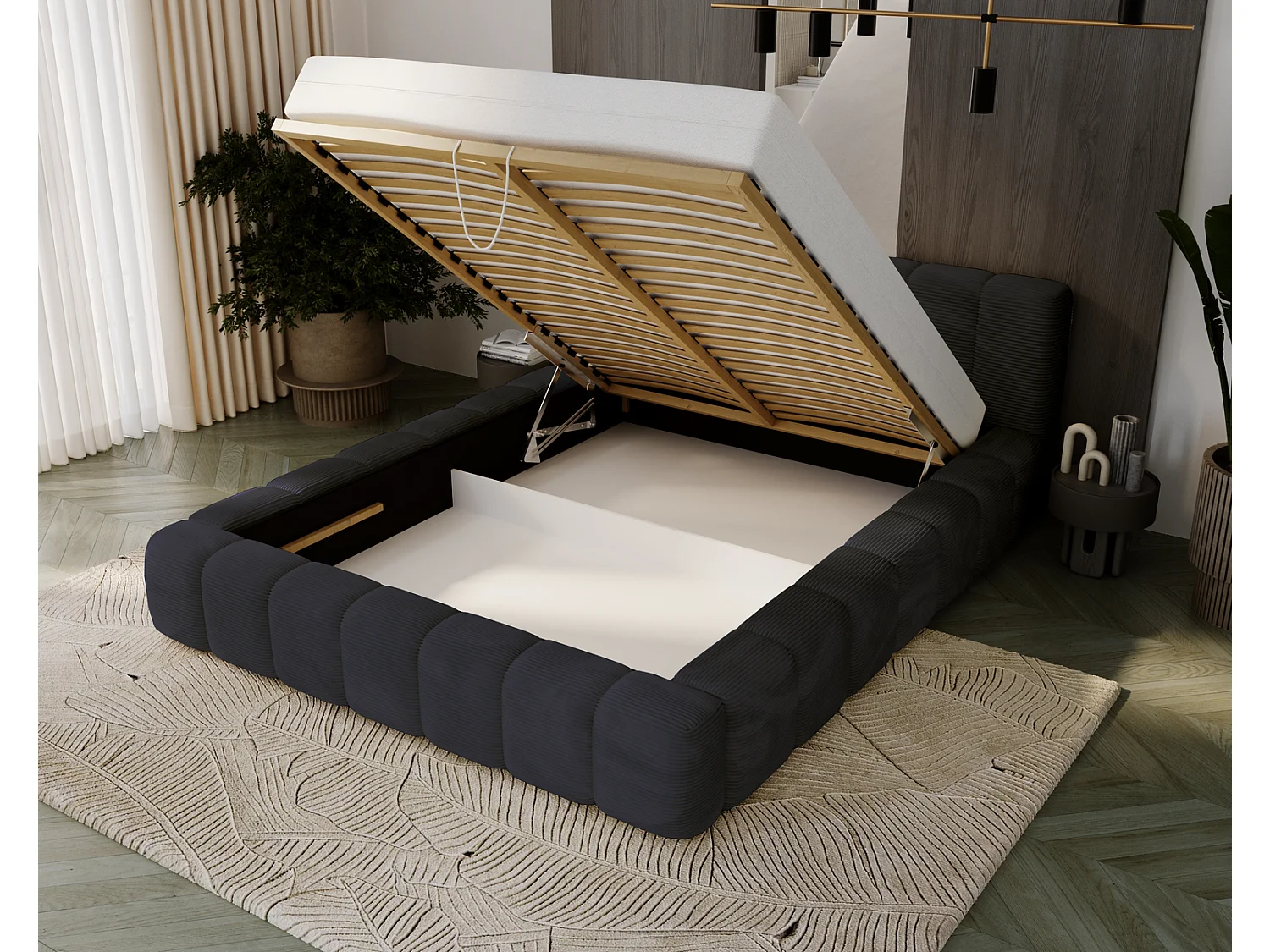 Cord-Doppelbett 180x200 Bolonia - mit Bettkasten und Holzlattenrost, Bett Schwarz