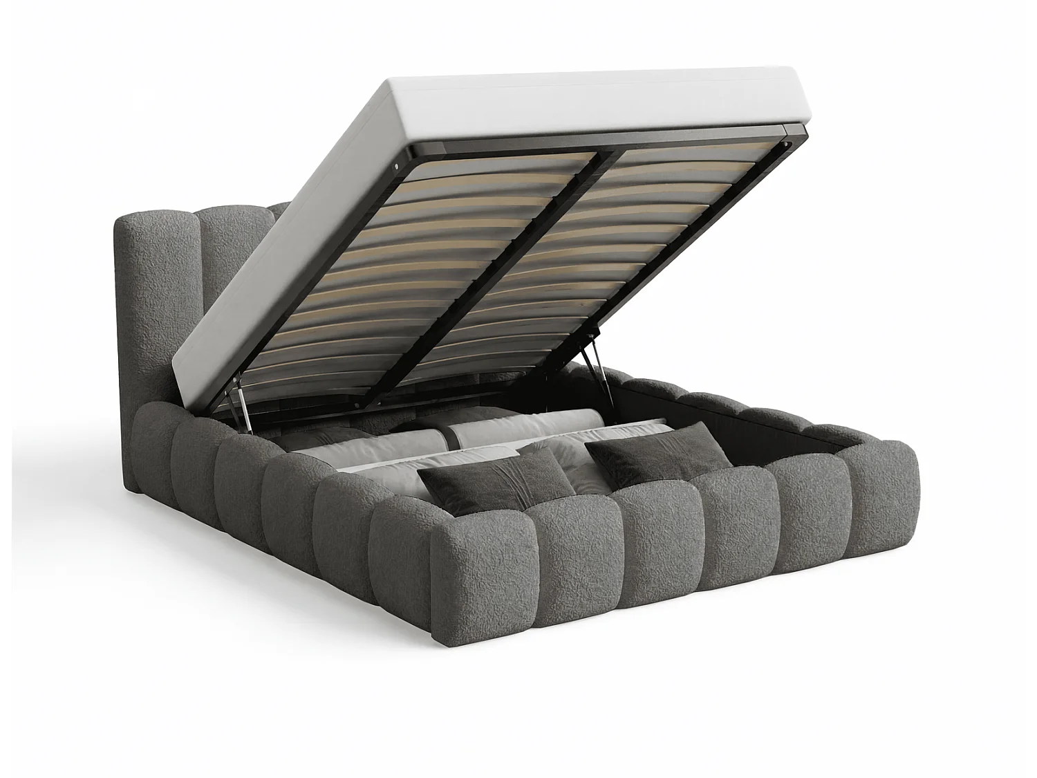 Doppelbett Bouclé 140x200 Aurelis mit Bettkasten und Metalllattenrost - Wolkenbett, Grau