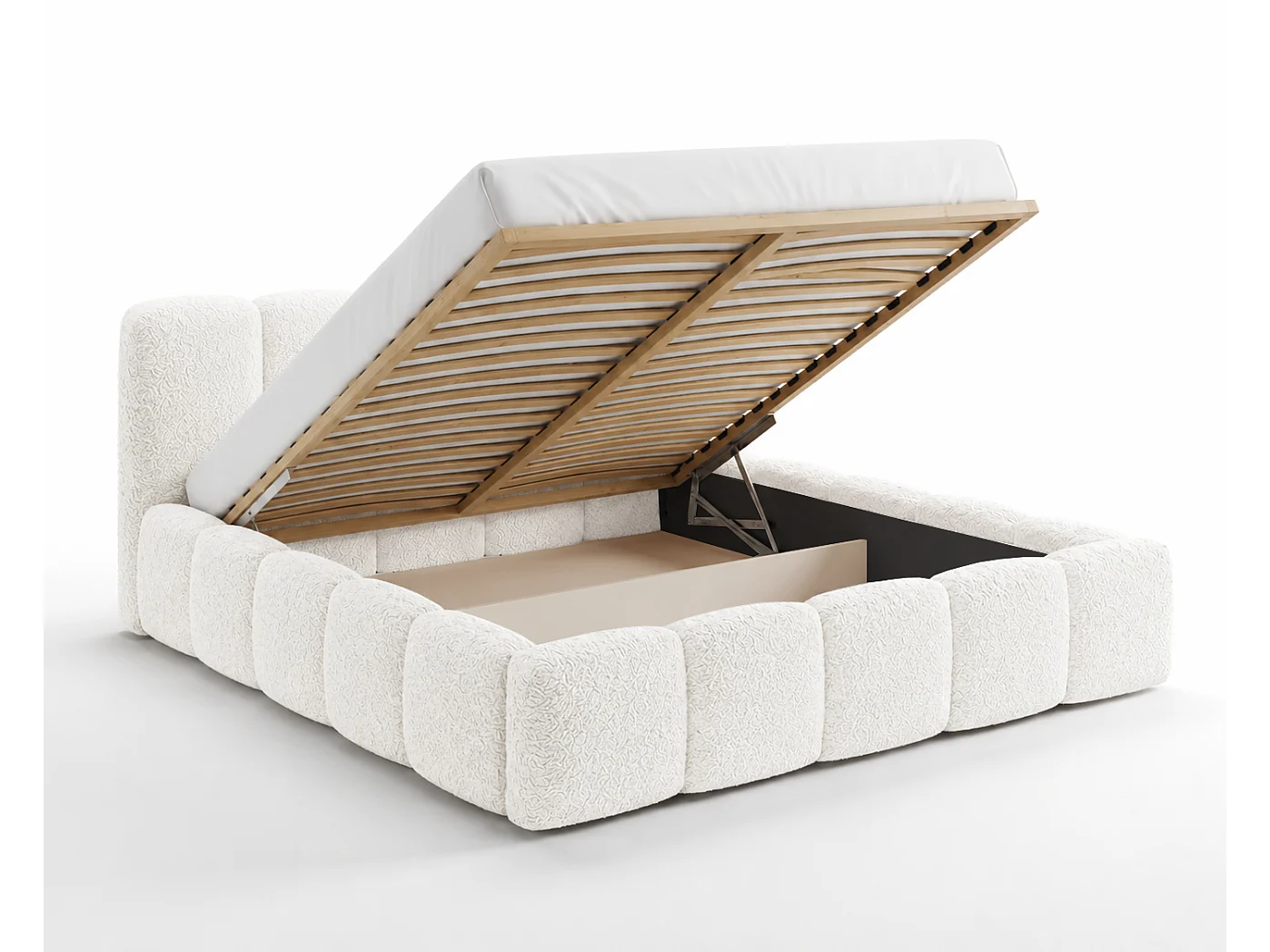 Lit bouclé 160x200 Vorello avec coffre de rangement, sommier en bois, style nuage, crème