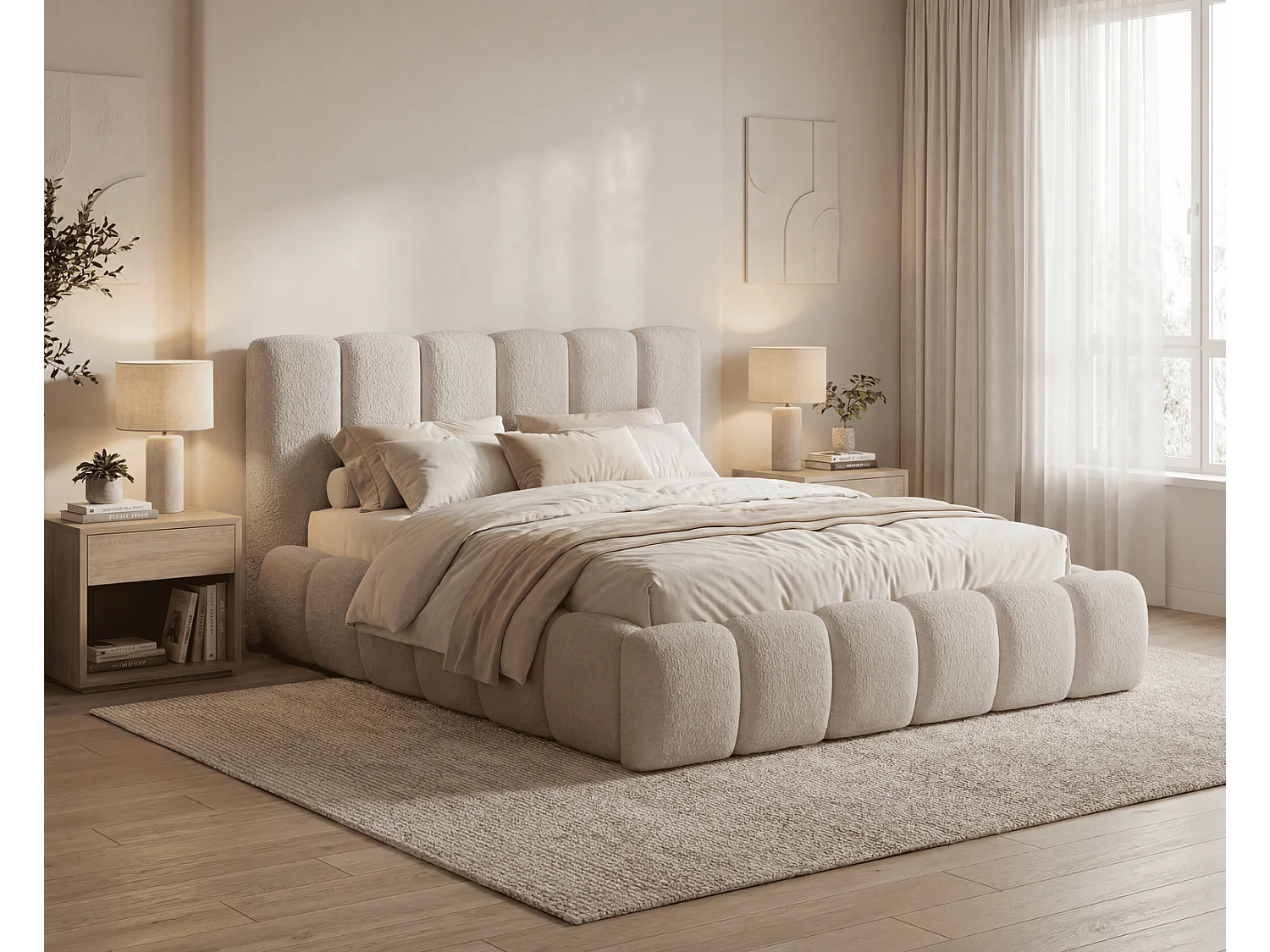 Doppelbett Bouclé 200x200 Aurelis mit Bettkasten und Metalllattenrost - Wolkenbett, Hellgrau
