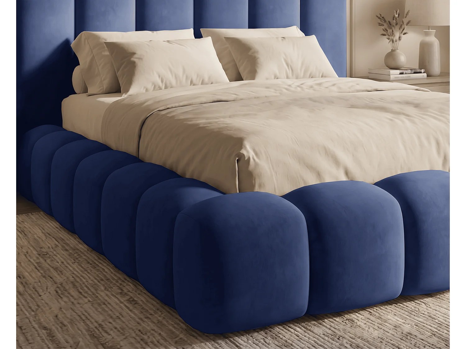 Lit coffre 180x200 Selvo, lit capitonné style nuage, mousse épaisse, sommier en bois, bleu