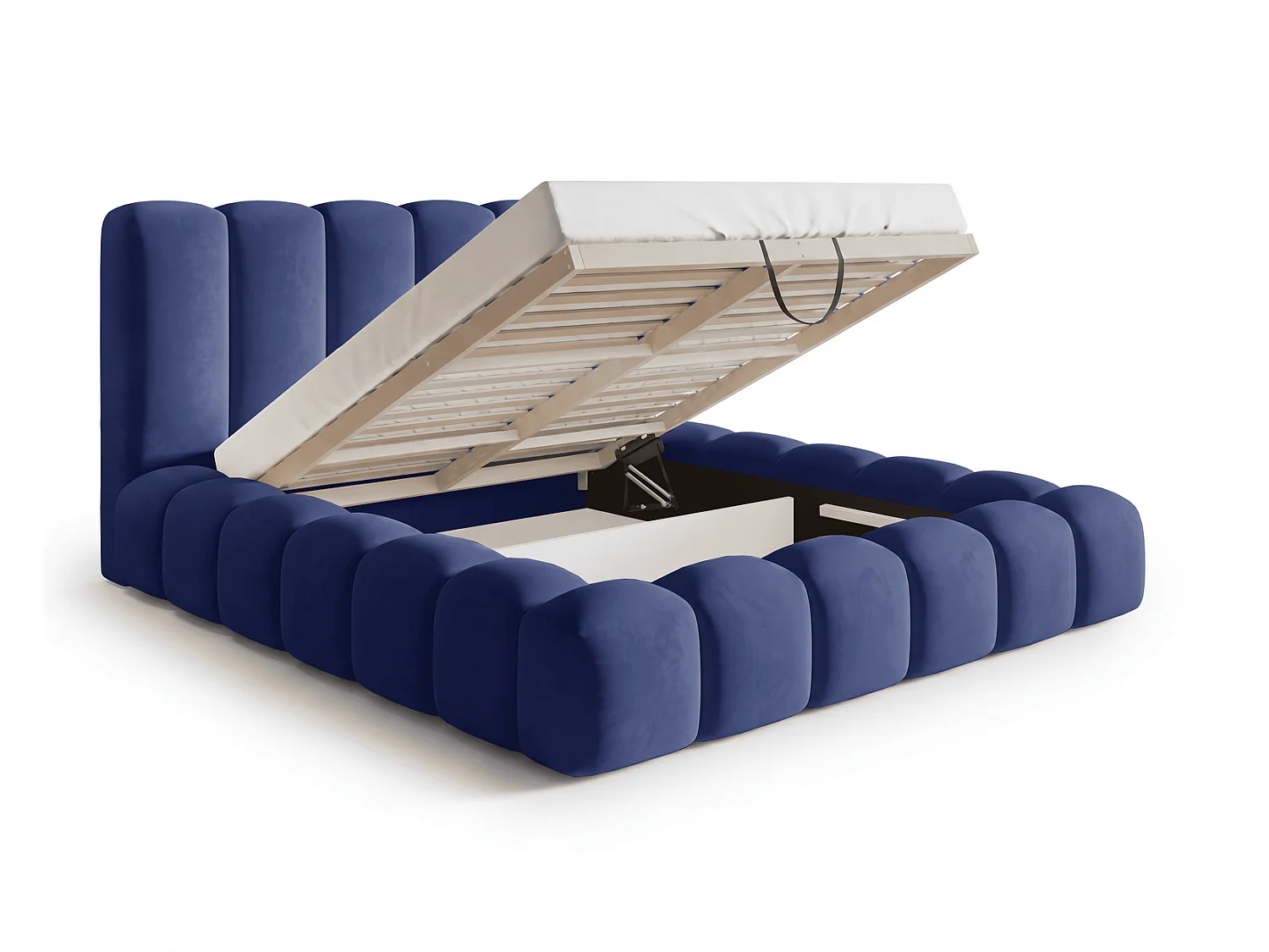 Lit coffre 180x200 Selvo, lit capitonné style nuage, mousse épaisse, sommier en bois, bleu