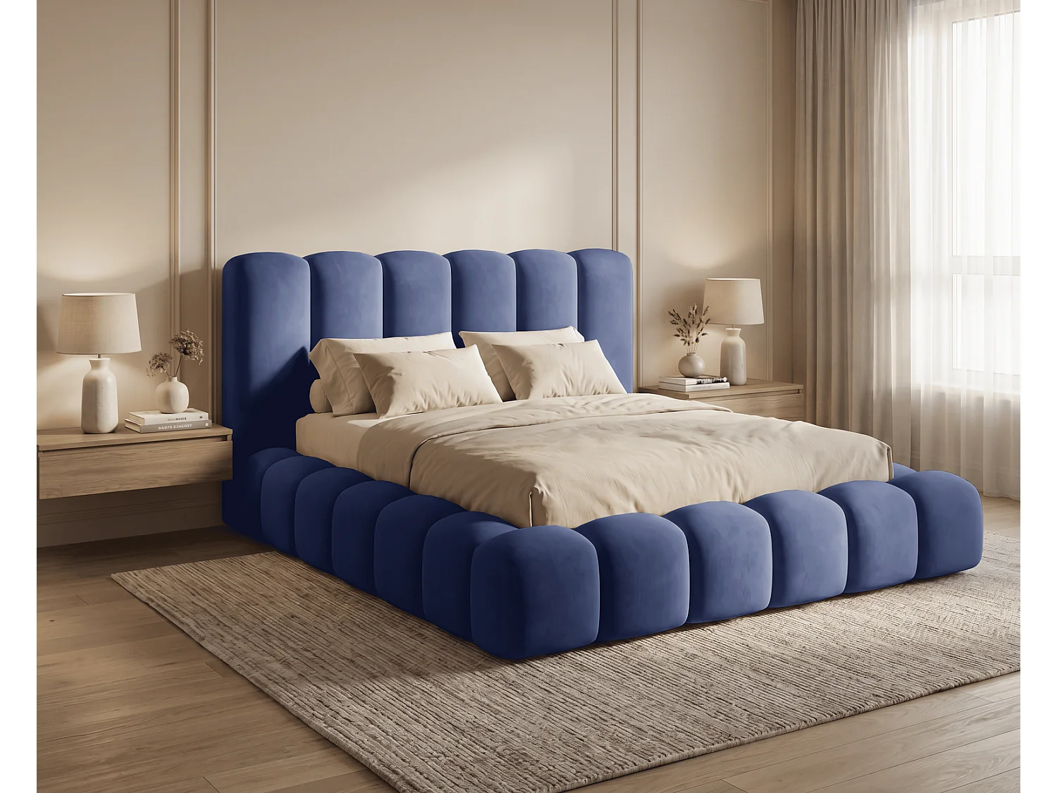 Lit coffre  140x200 Selvo, lit capitonné style nuage, mousse épaisse, sommier en bois, bleu