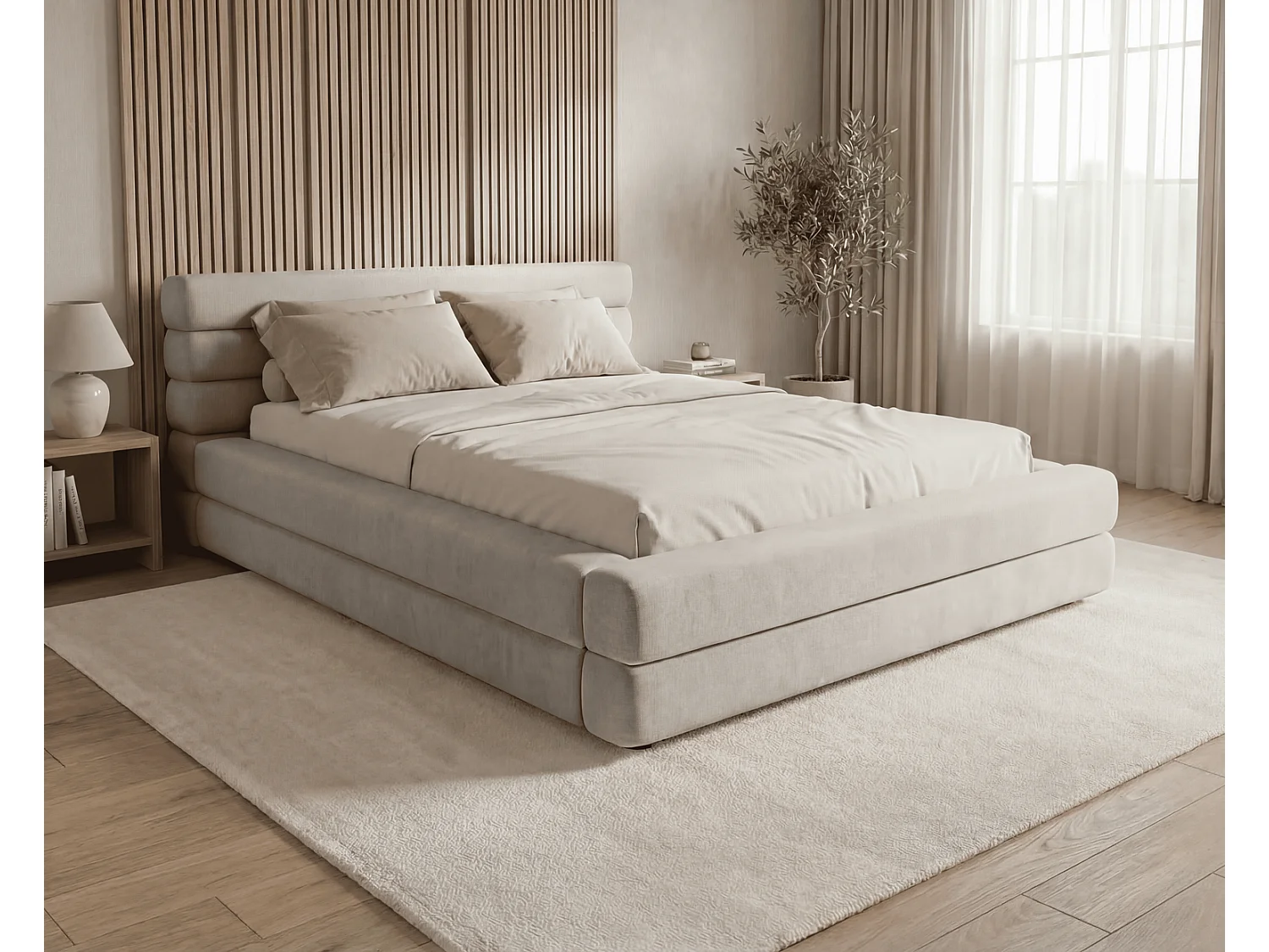Lit rembourré 140x200 cm Elias avec coffre de rangement, style moderne, sommier métallique, gris clair