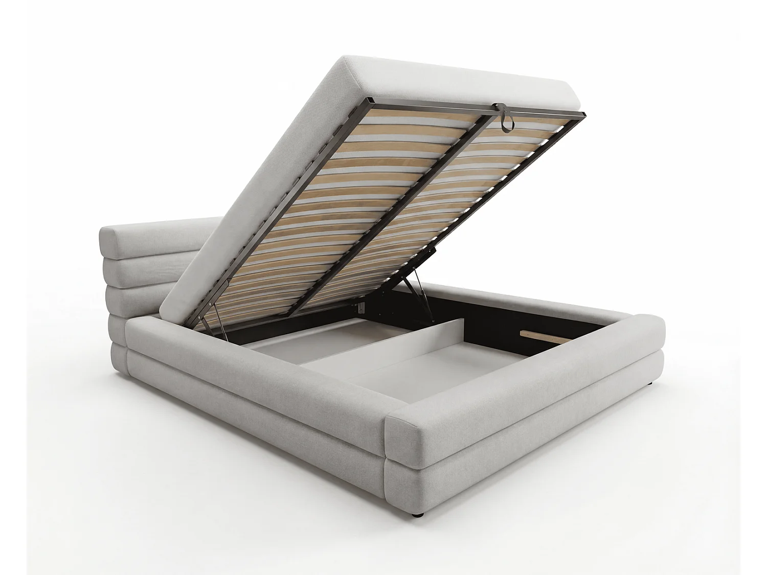 Lit rembourré 140x200 cm Elias avec coffre de rangement, style moderne, sommier métallique, gris clair
