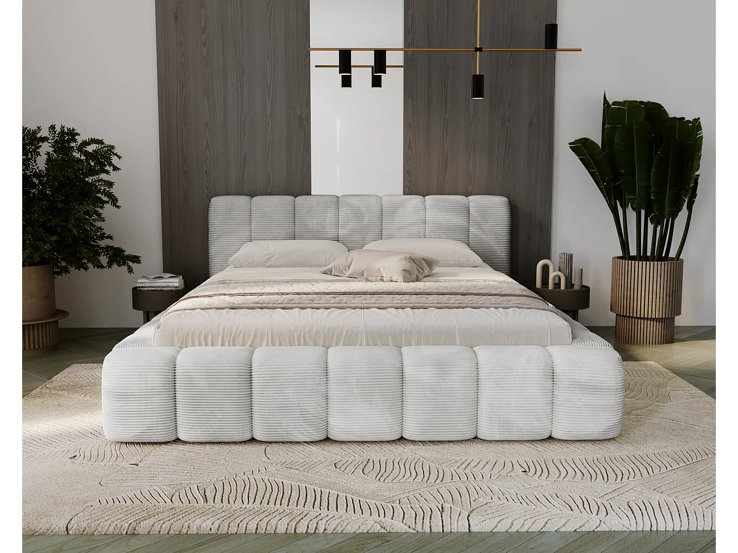 Cord-Doppelbett 140x200 Bolonia - mit Bettkasten und Holzlattenrost, Bett Hellgrau