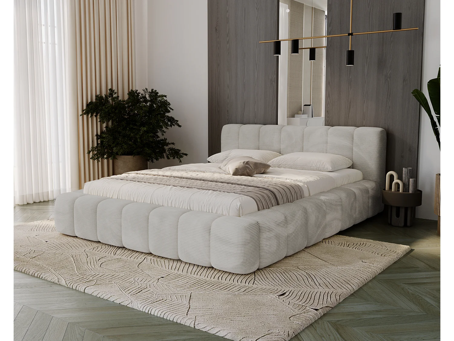 Cord-Doppelbett 140x200 Bolonia - mit Bettkasten und Holzlattenrost, Bett Hellgrau