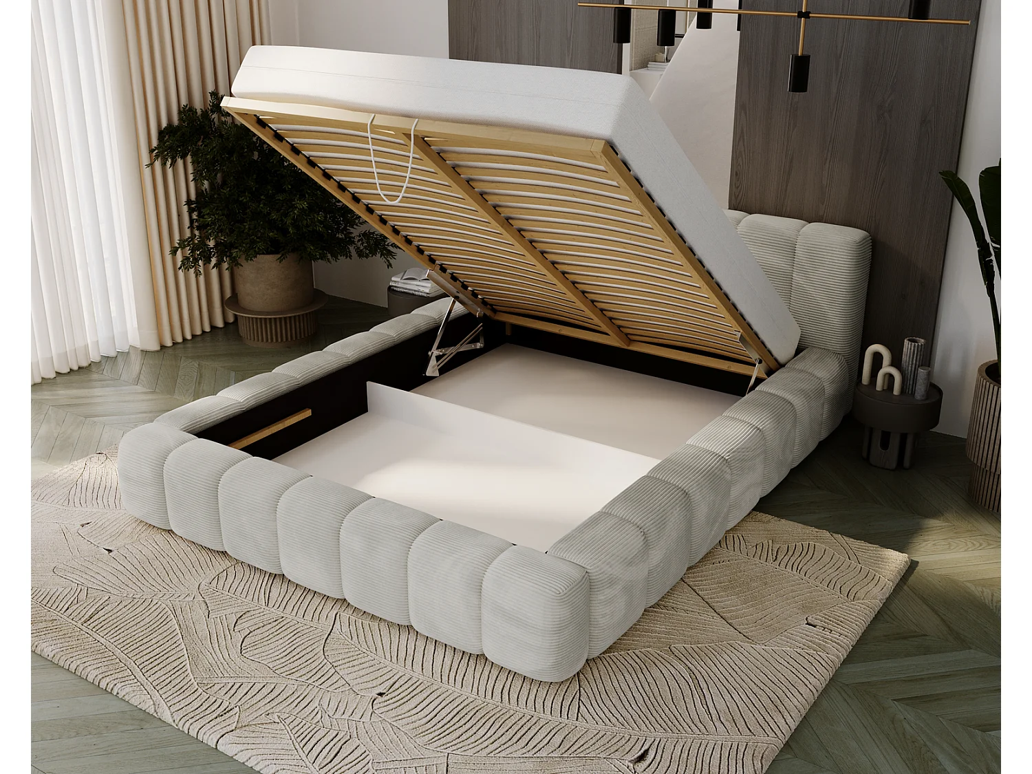 Cord-Doppelbett 140x200 Bolonia - mit Bettkasten und Holzlattenrost, Bett Hellgrau