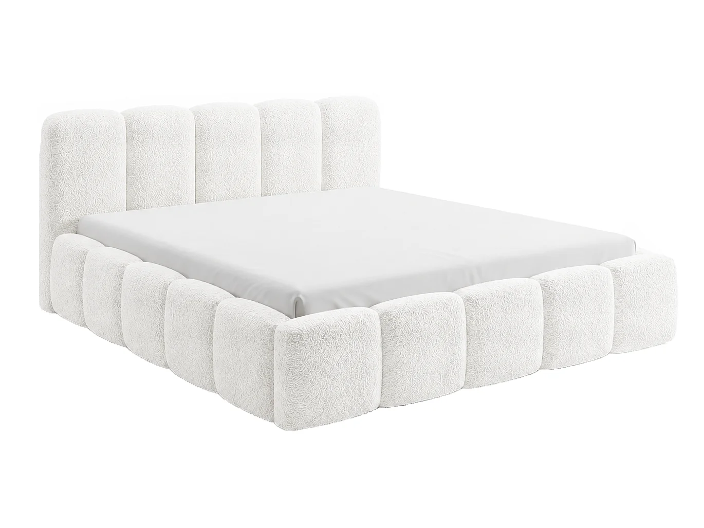Lit bouclé 180x200 Vorello avec coffre de rangement, sommier en bois, style nuage, crème