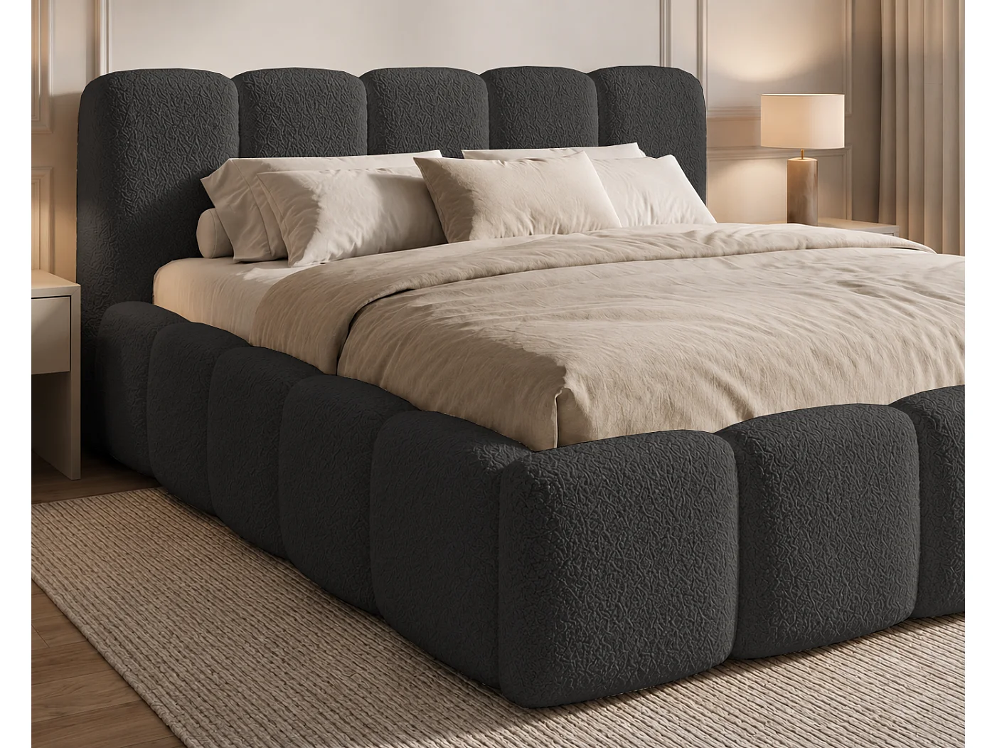Polsterbett 160x200 Vorello mit Bettkasten, Metalllattenrost, Wolkenbett, Bouclé-Stoff, Schwarz