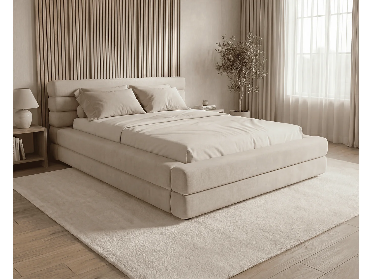Lit double 140x200 cm Elias avec rangement, style moderne, sommier en bois, beige