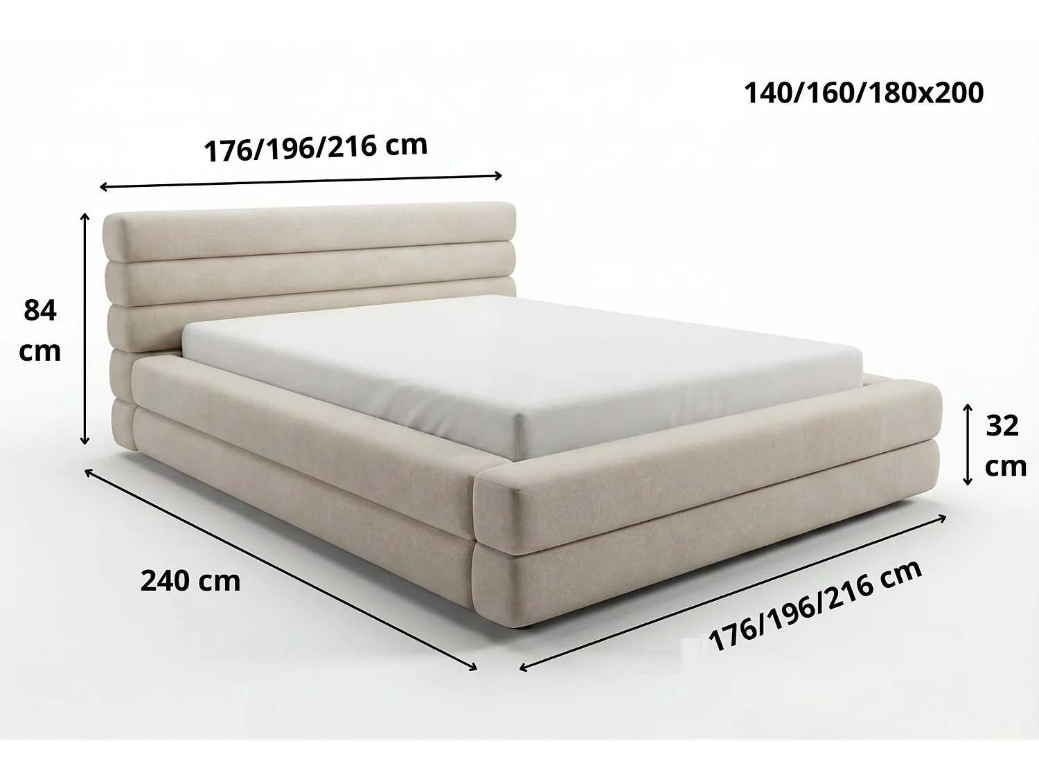 Lit double 140x200 cm Elias avec rangement, style moderne, sommier en bois, beige