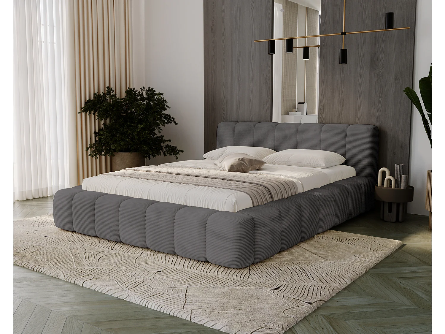 Cord-Doppelbett 180x200 Bolonia - mit Bettkasten und Holzlattenrost, Bett Dunkelgrau