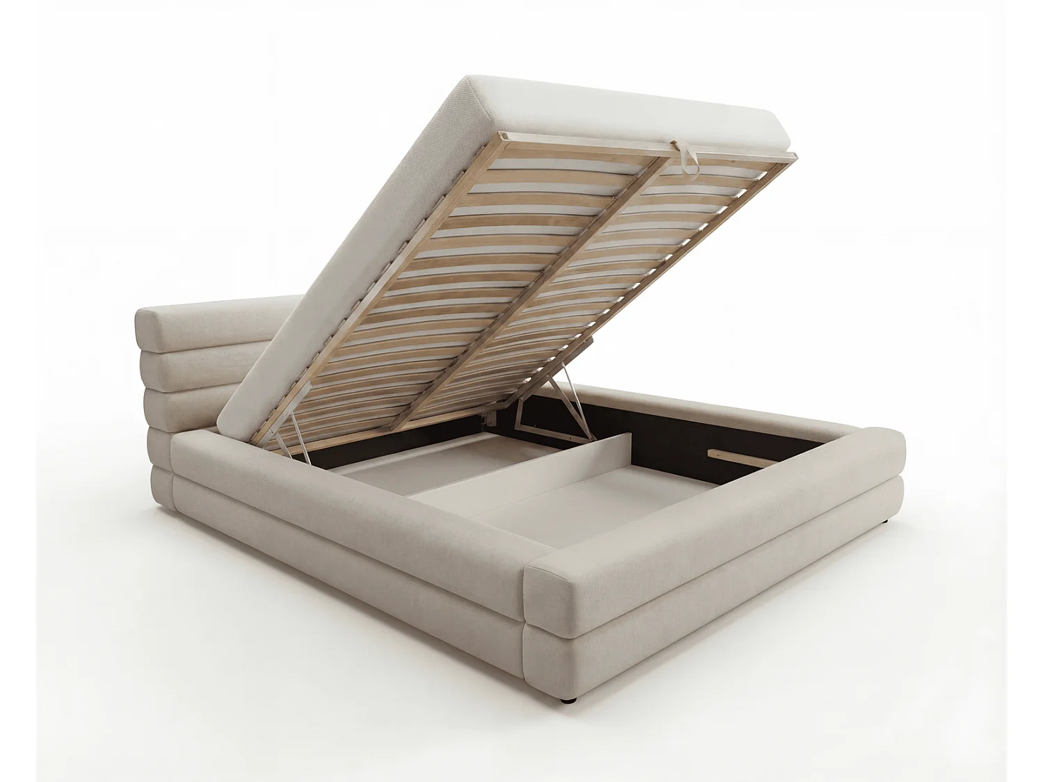 Lit double 180x200 cm Elias avec rangement, style moderne, sommier en bois, beige