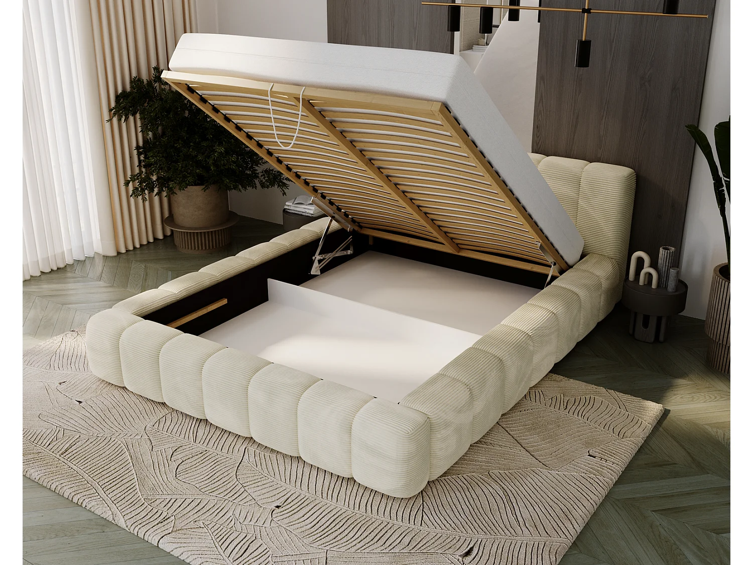 Cord-Doppelbett 160x200 Bolonia - mit Bettkasten und Holzlattenrost, Bett Beige