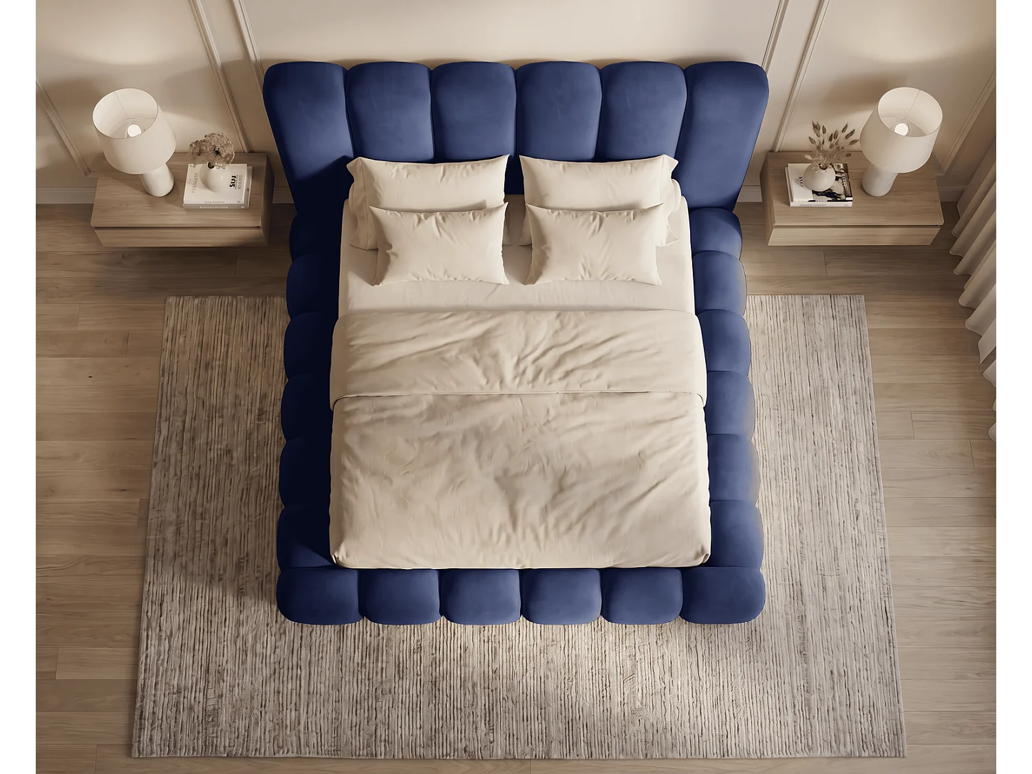 Lit coffre 160x200 Selvo, lit capitonné style nuage, mousse épaisse, sommier en bois, bleu