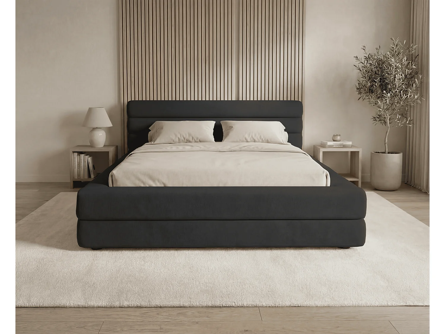 Lit rembourré 140x200 cm Elias avec coffre de rangement, style moderne, sommier métallique, noir