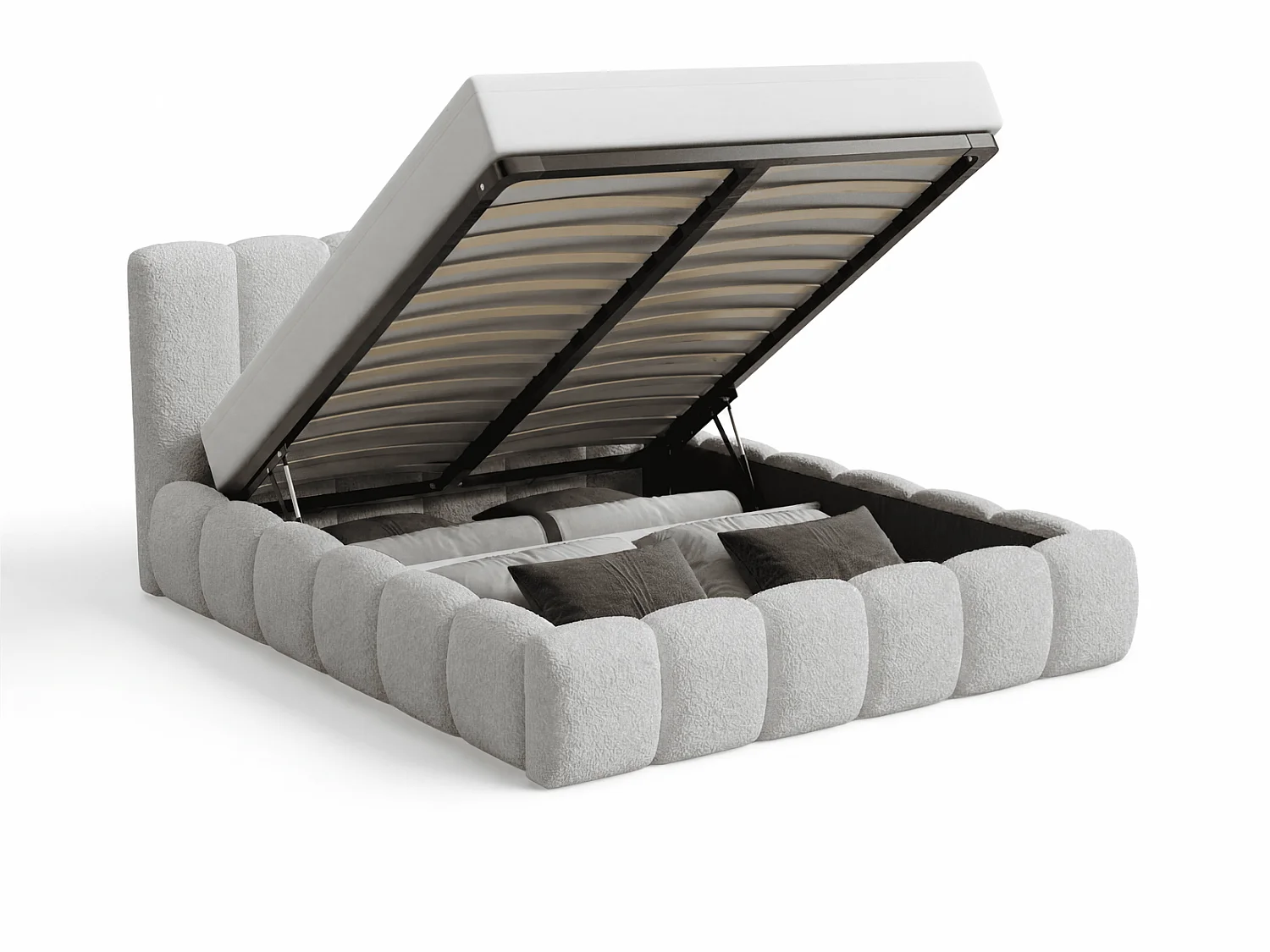 Doppelbett Bouclé 180x200 Aurelis mit Bettkasten und Metalllattenrost - Wolkenbett, Hellgrau