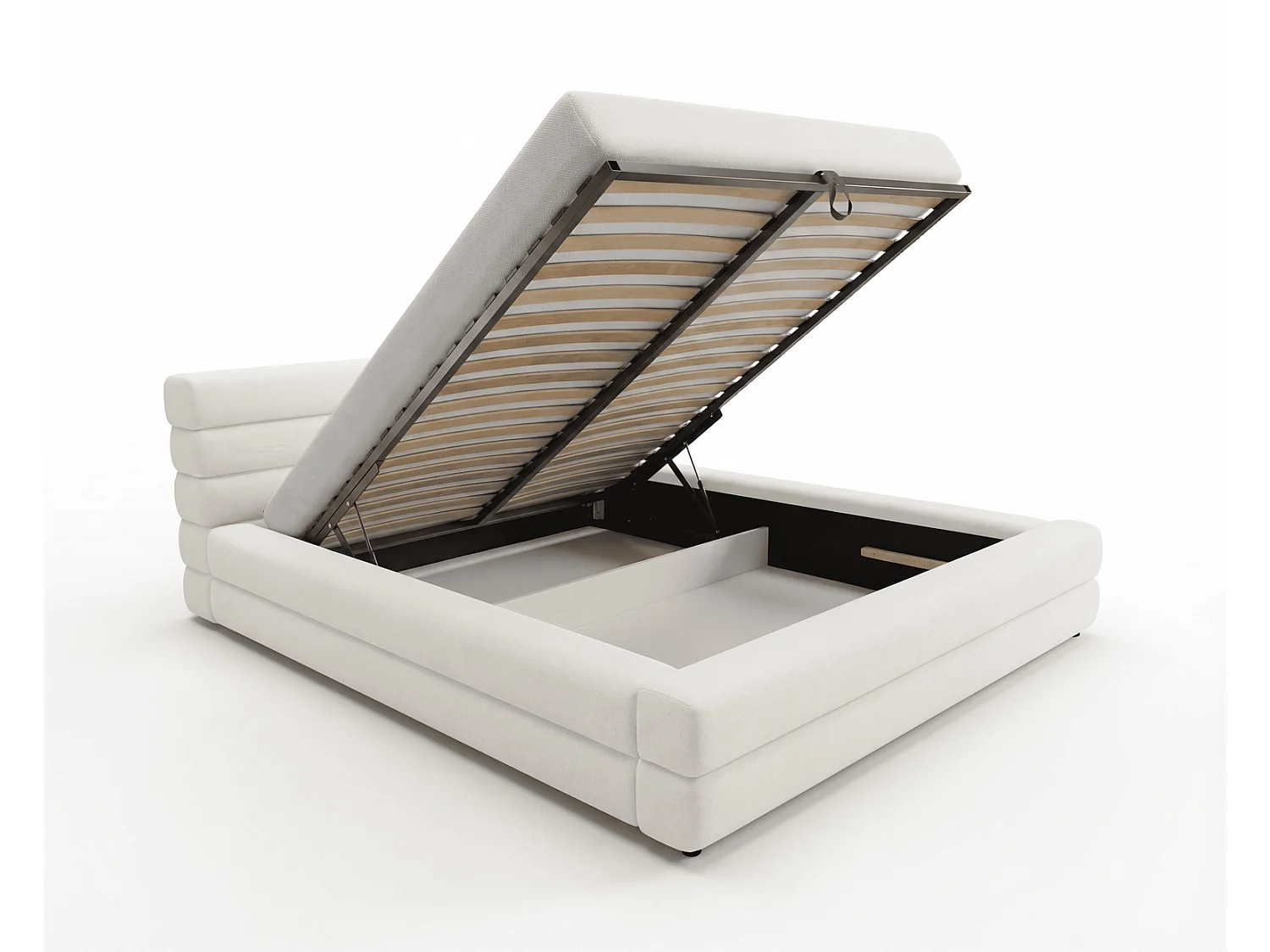 Lit rembourré 160x200 cm Elias avec coffre de rangement, style moderne, sommier métallique, crème