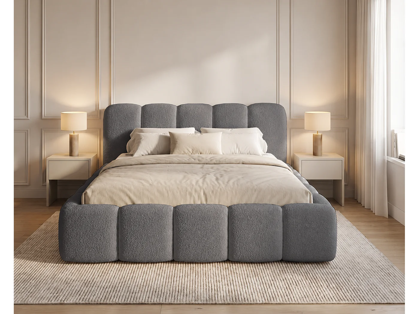 Polsterbett 180x200 Vorello mit Bettkasten, Metalllattenrost, Wolkenbett, Bouclé-Stoff, Grau