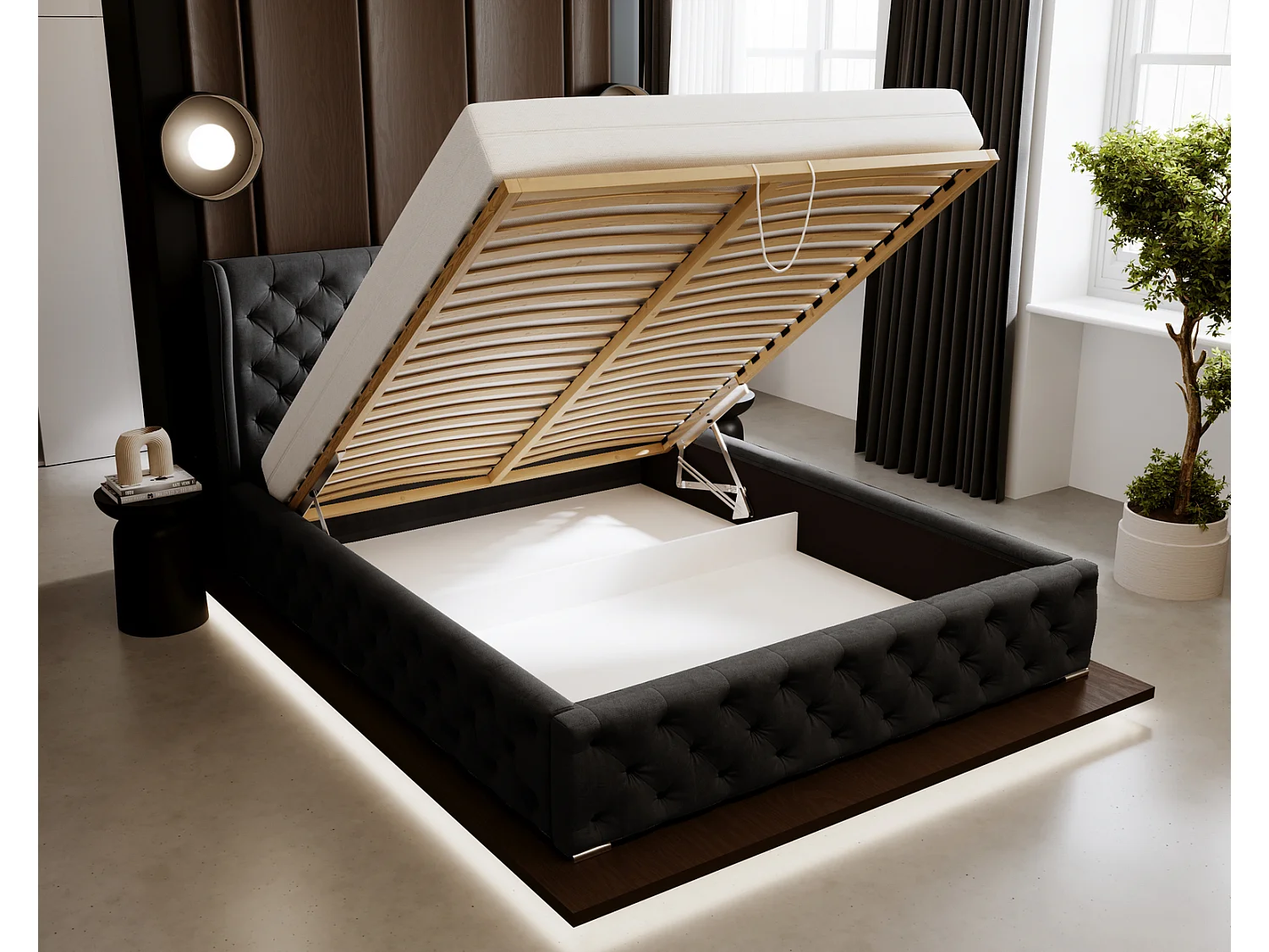Polsterbett 140x200 cm Vivaro - mit Knopfsteppung, Bettkasten, Samt - Schwarz