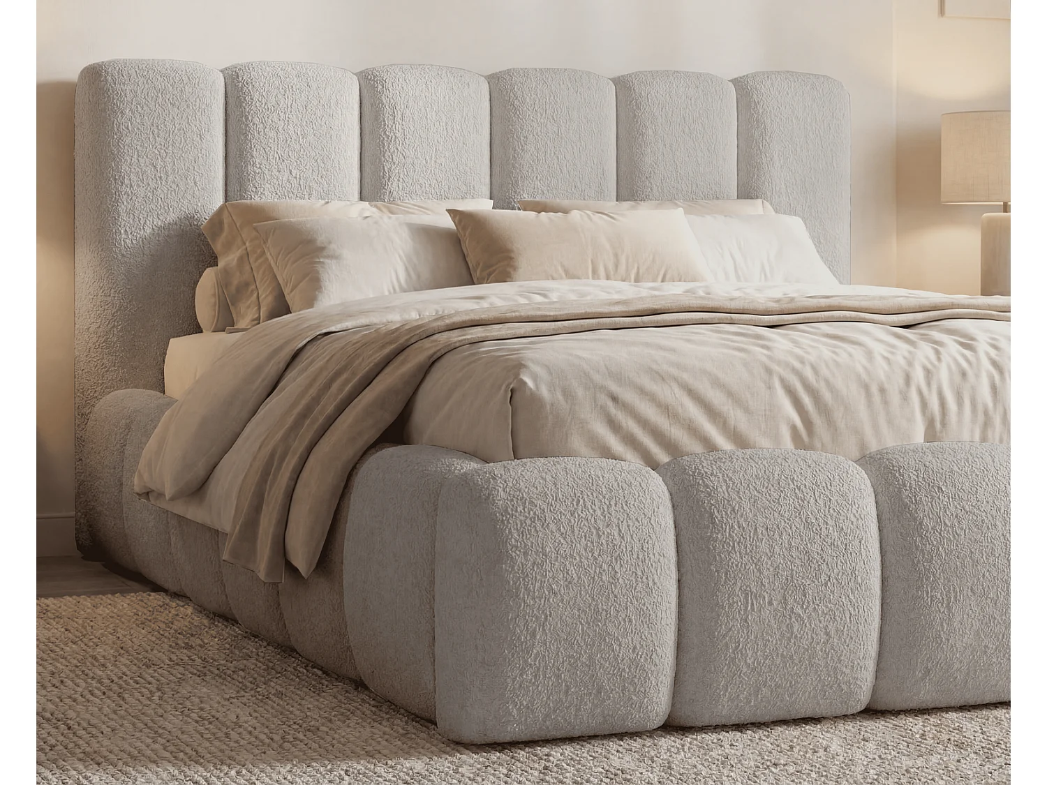 Lit rembourré bouclé 200x200 Aurelis avec coffre de rangement et sommier en bois - lit nuage, gris clair