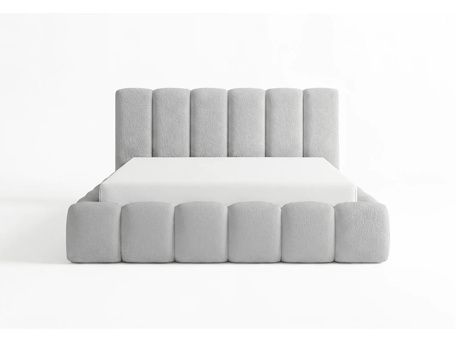 Lit rembourré bouclé 200x200 Aurelis avec coffre de rangement et sommier en bois - lit nuage, gris clair