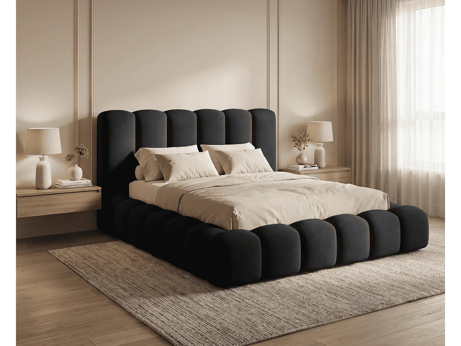 Lit coffre 180x200 Selvo, lit capitonné style nuage, mousse épaisse, sommier en bois, noir