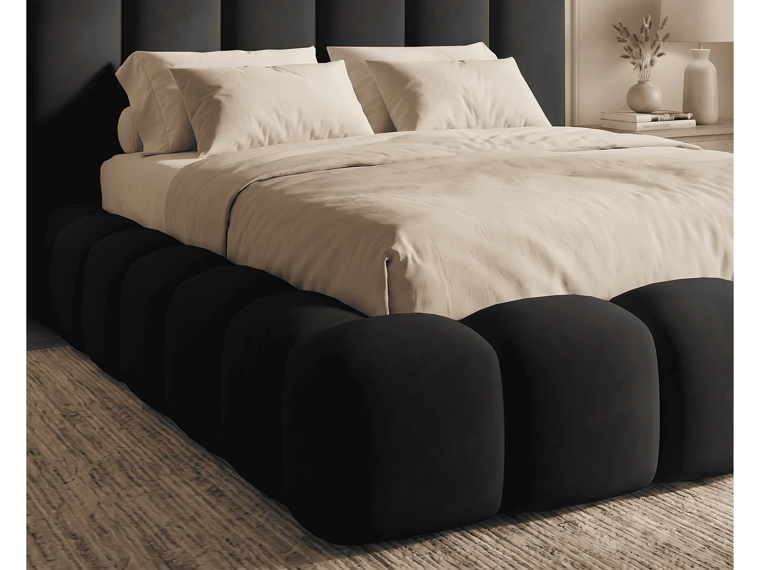 Lit coffre 180x200 Selvo, lit capitonné style nuage, mousse épaisse, sommier en bois, noir