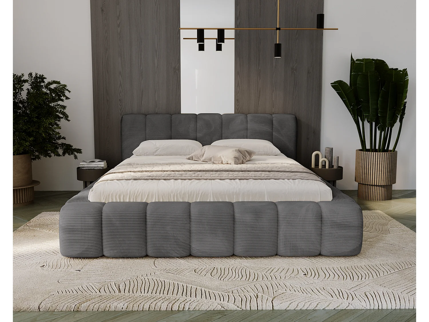 Cord-Doppelbett 160x200 Bolonia - mit Bettkasten und Holzlattenrost, Bett Dunkelgrau