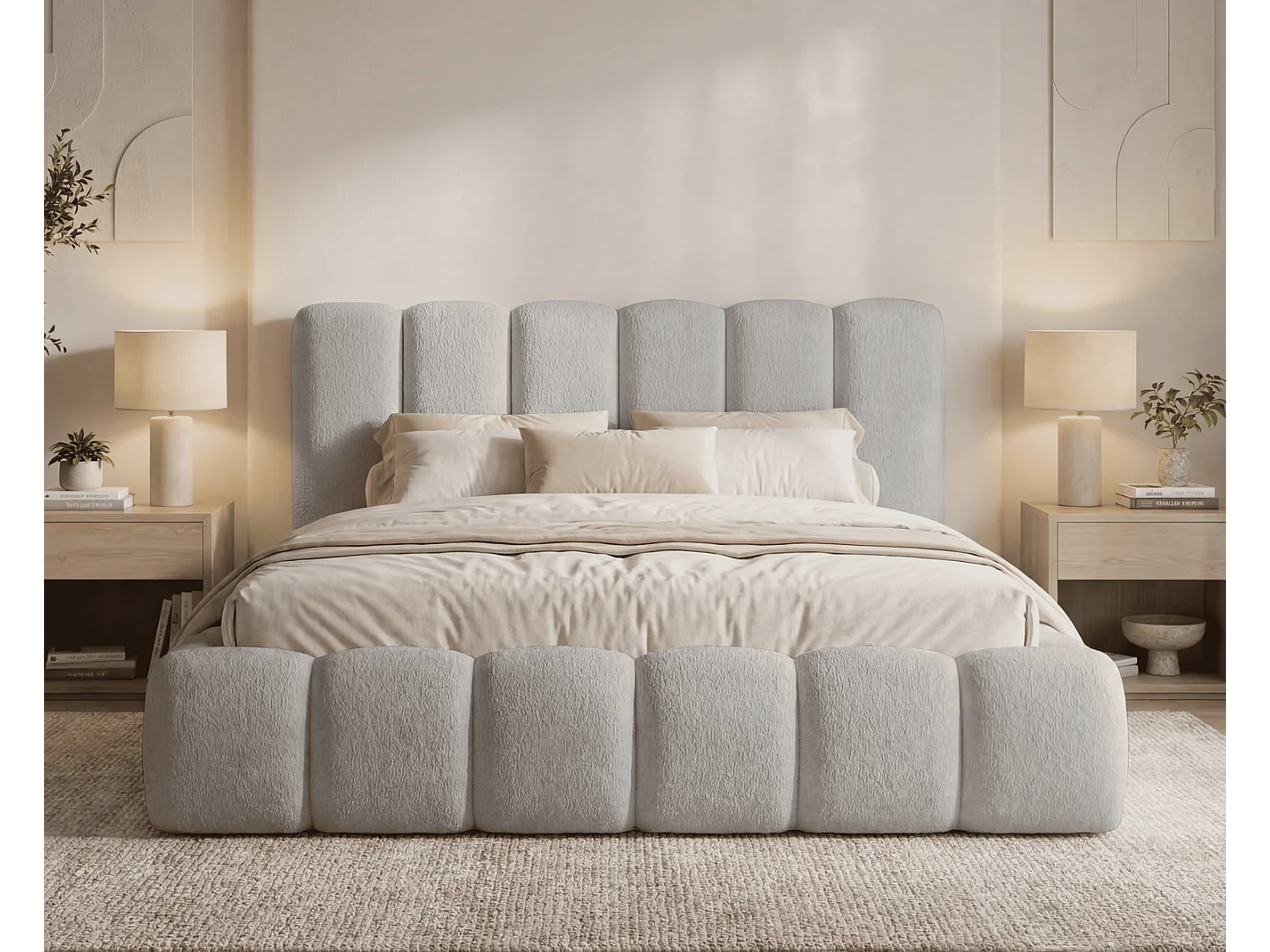 Lit rembourré bouclé 180x200 Aurelis avec coffre de rangement et sommier en bois - lit nuage, gris clair