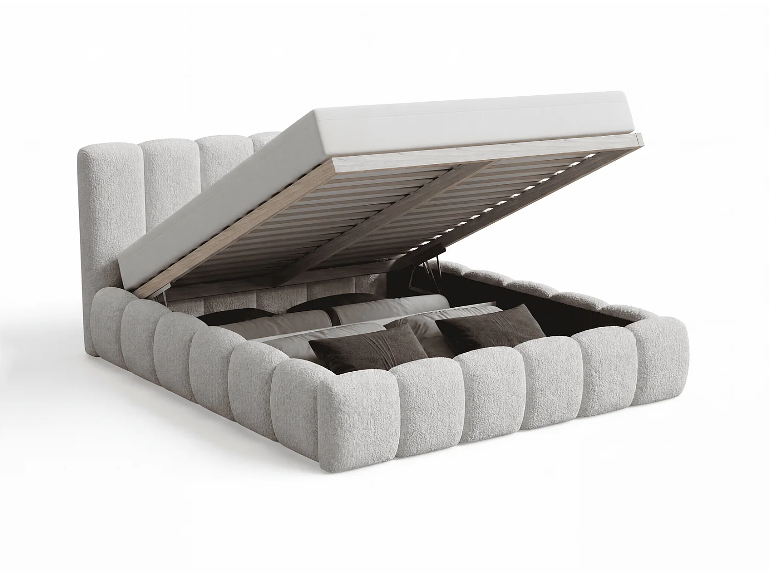 Lit rembourré bouclé 180x200 Aurelis avec coffre de rangement et sommier en bois - lit nuage, gris clair
