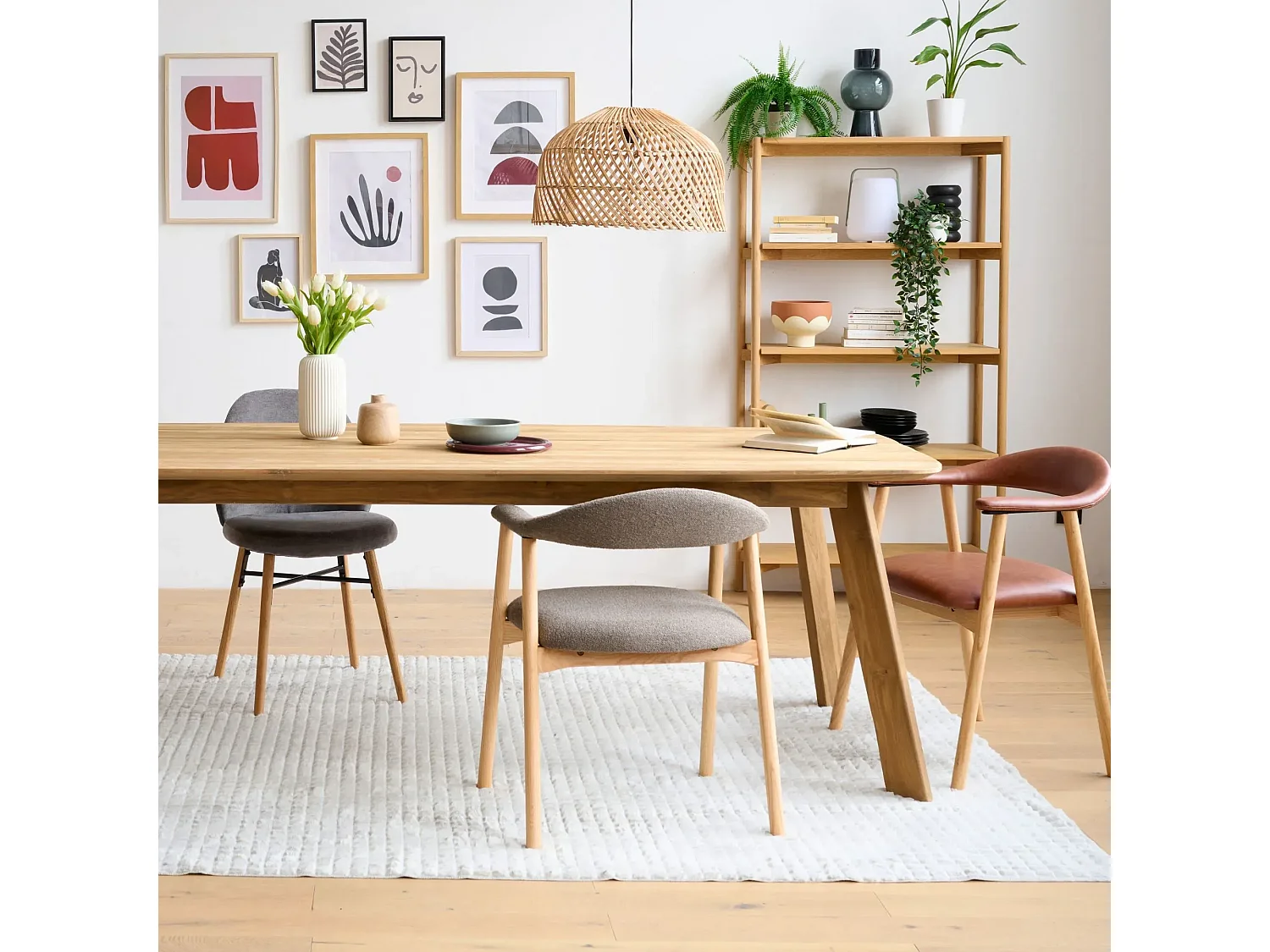 Chaises de salle à manger chêne et bouclette taupe (lot de 2) - ELYA