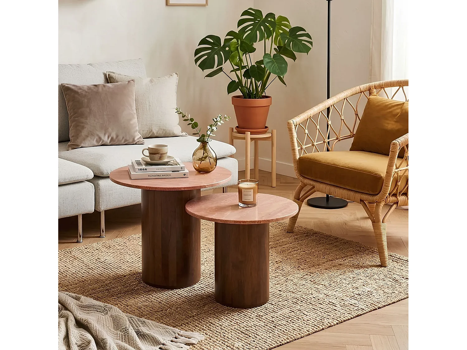 Tables basses en marbre terracotta et pied bois D56 (set de 2) - ASO
