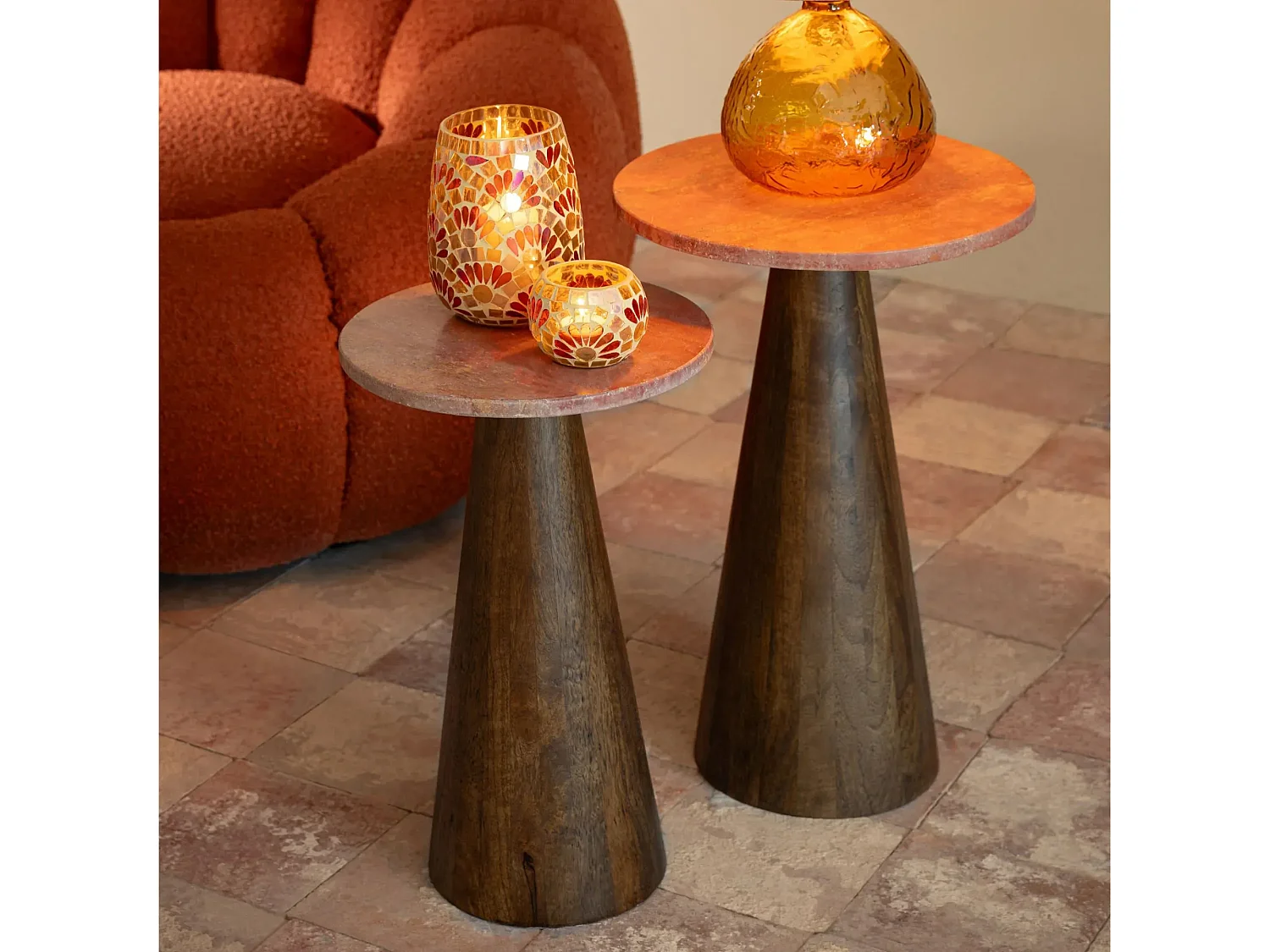 Tables basses en marbre terracotta et pied bois D35 (set de 2) - ASO