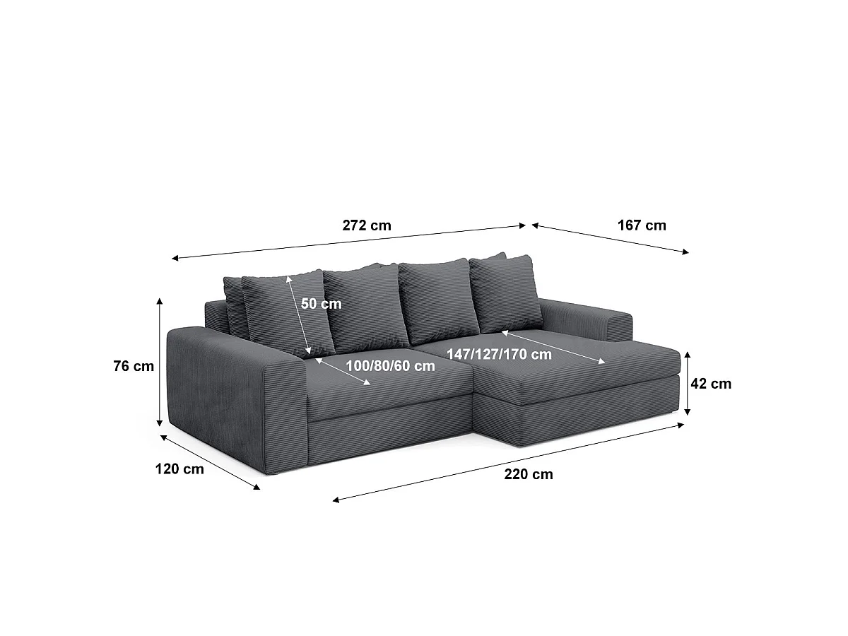 Canapé d'angle droit convertible 3 places avec coffre en tissu gris PAOLA