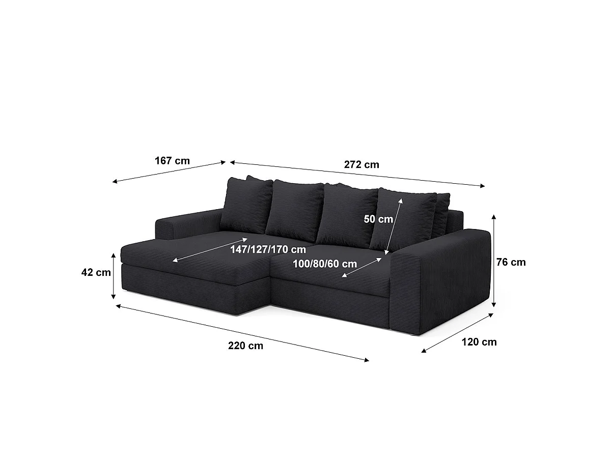 Canapé d'angle gauche convertible 3 places avec coffre en tissu noir PAOLA