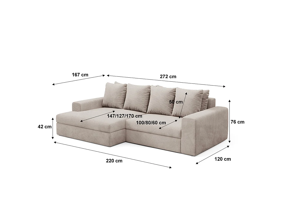 Canapé d'angle gauche convertible 3 places avec coffre en tissu taupe PAOLA