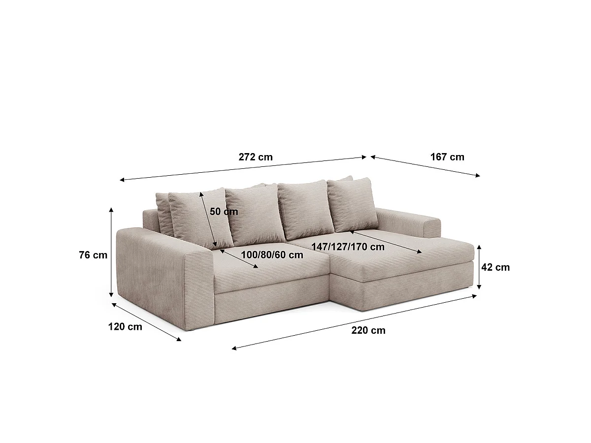 Canapé d'angle droit convertible 3 places avec coffre en tissu taupe PAOLA