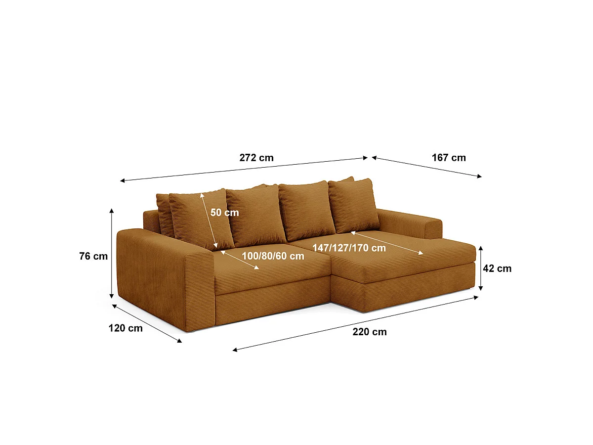 Canapé d'angle droit convertible 3 places avec coffre en tissu jaune moutarde PAOLA