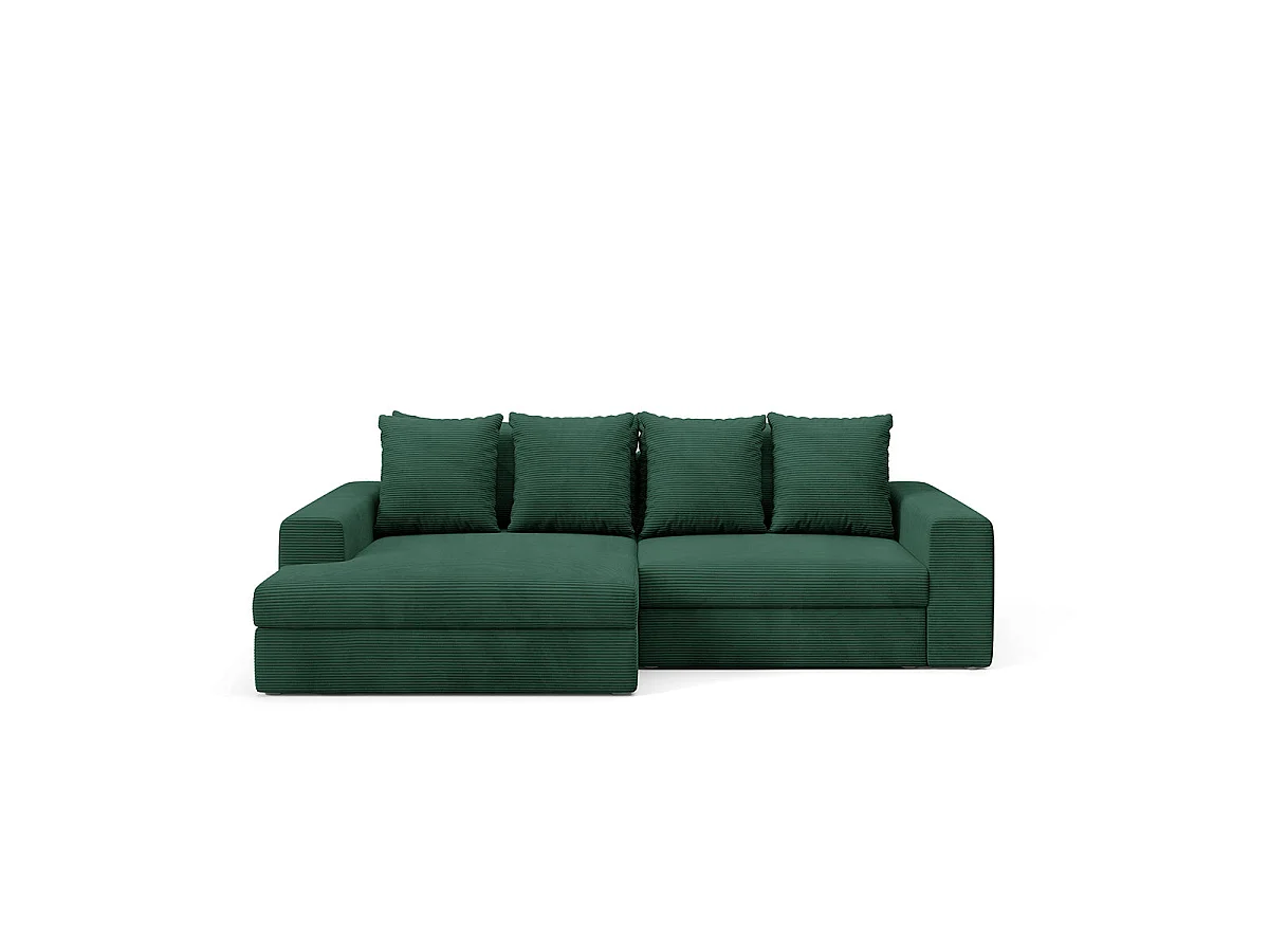 Canapé d'angle gauche convertible 3 places avec coffre en tissu vert sapin PAOLA